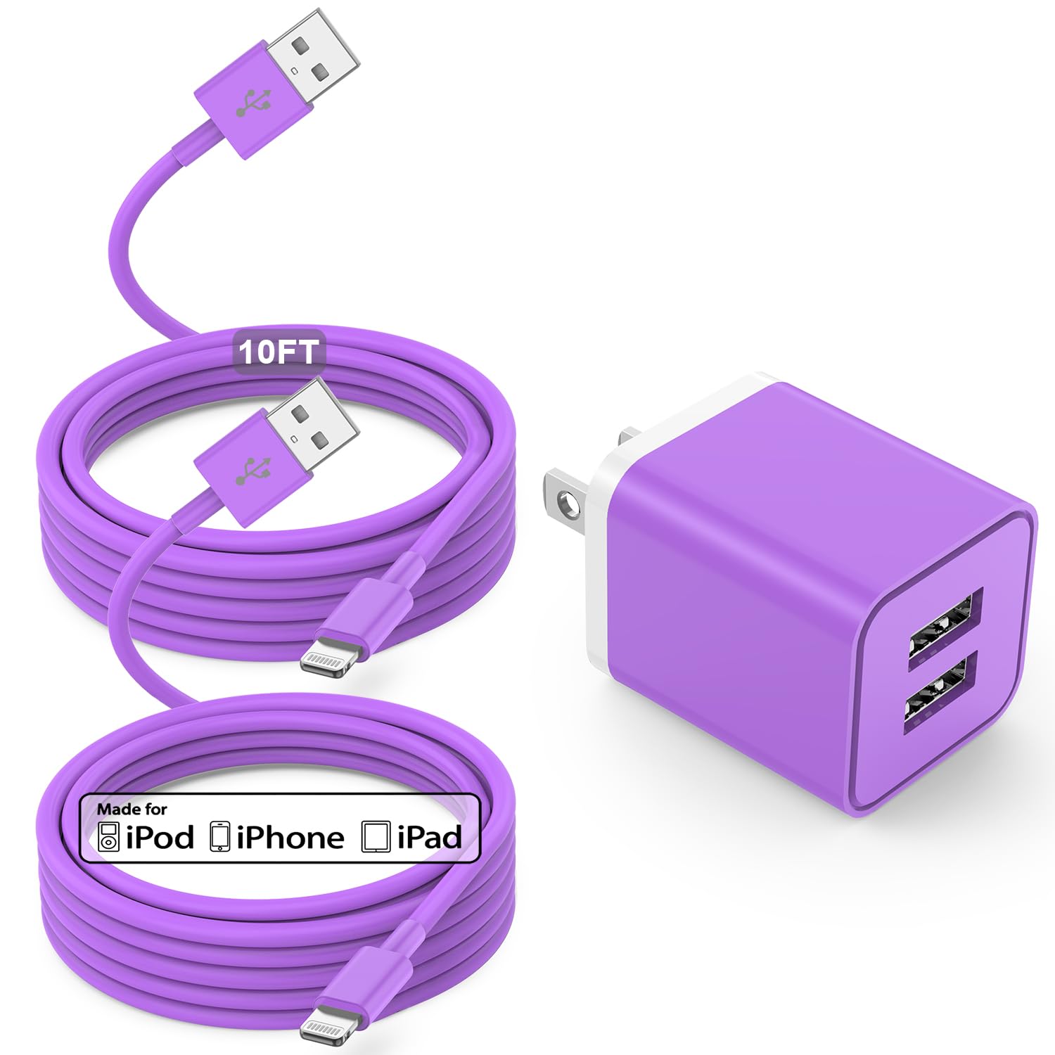 Apple MFi Certified 10ft USB Wall Charger & Lightning Cable - Fast Charging Block with 2 Ports for iPhone 12/11/XR/X/XS/8/7/6/SE, iPad - Purple | Perfect for Home, Office & Travel Use