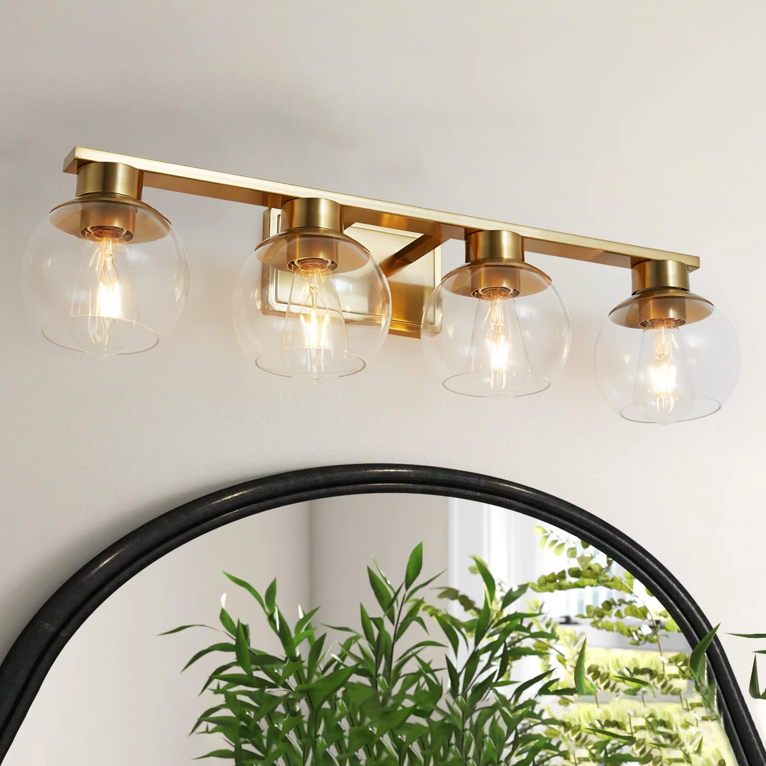 PAZALA Brushed Brass Bathroom Light Fixture - 4-Light Vanity Wall Sconce with Globe Glass Shade, E26 Base - Modern Over Mirror Lighting for Bathroom, Bedroom & Hallway - Dimmable Vanity Lights for Makeup, Shaving & Ambient Lighting