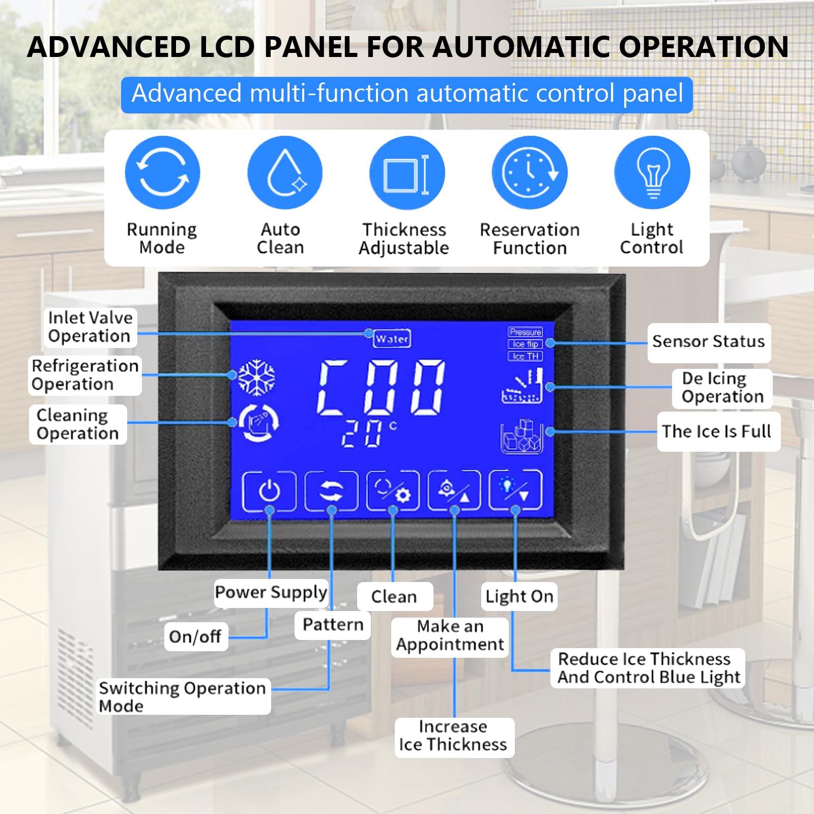 Pioneerworks Commercial Ice Maker Machine 110lbs/24H, Under Counter Self-Cleaning Ice Machine with 27lbs Storage Bin, LCD Display & Blue Light - Stainless Steel Ice Maker for Restaurants, Bars, Coffee Shops & Home Use - Perfect for Beverage Service, Parties & Commercial Kitchens