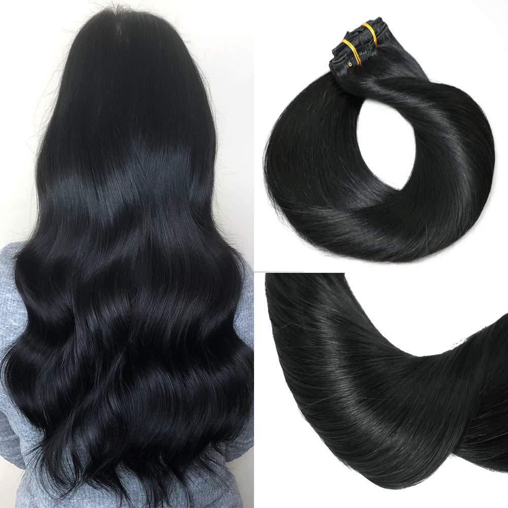 HUAYI 7Pcs Clip-In Human Hair Extensions - 120g Jet Black, Soft Silky, Thick Ends, Tangle-Free, Full Head Balayage (1#20'') - Perfect for Parties, Weddings, and Daily Styling