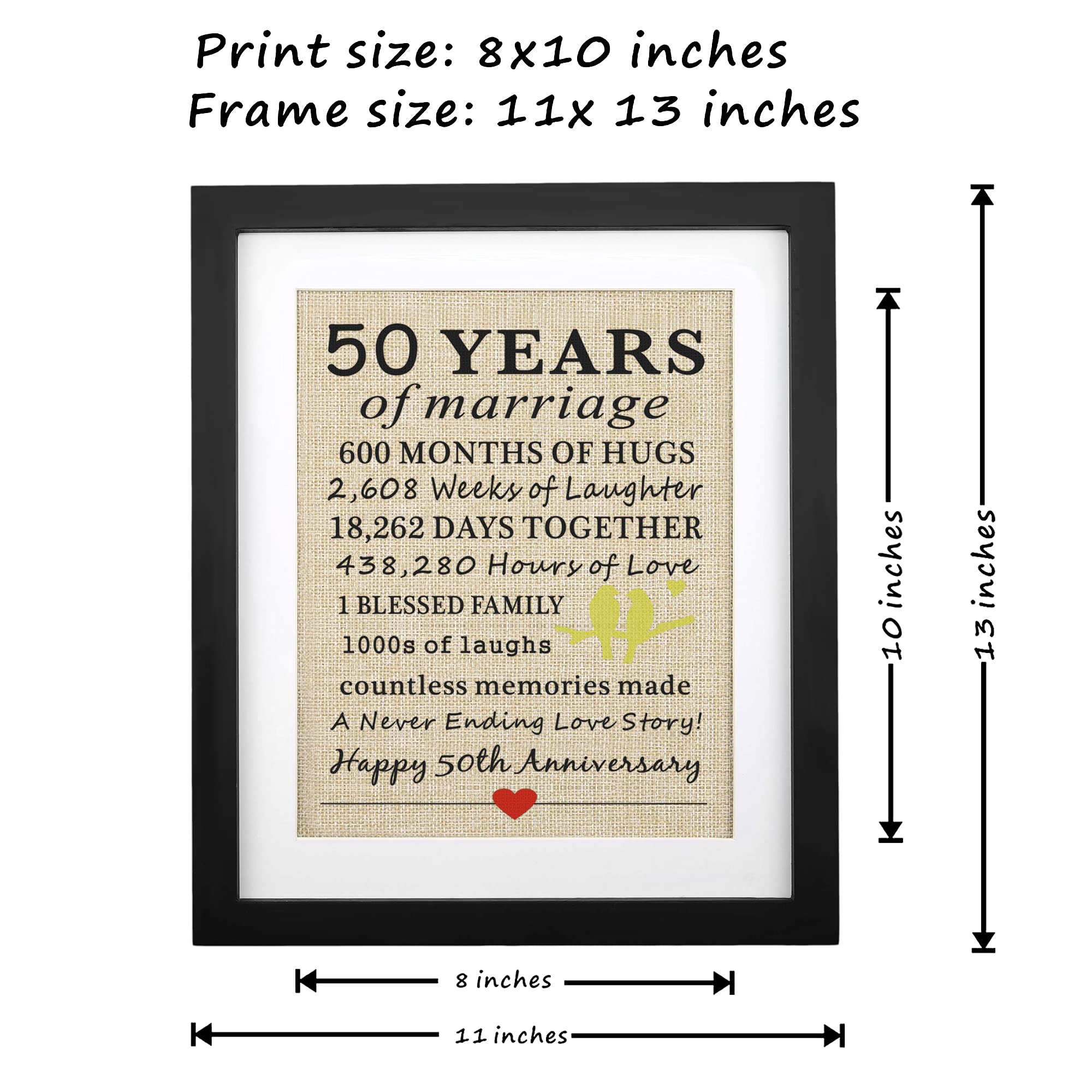 Corfara 50th Wedding Anniversary Burlap Print - Golden Anniversary Gift for Parents & Grandparents - Framed Decor for Couples' 50 Years of Marriage Celebration - Perfect for Home, Office & Anniversary Party Decorations