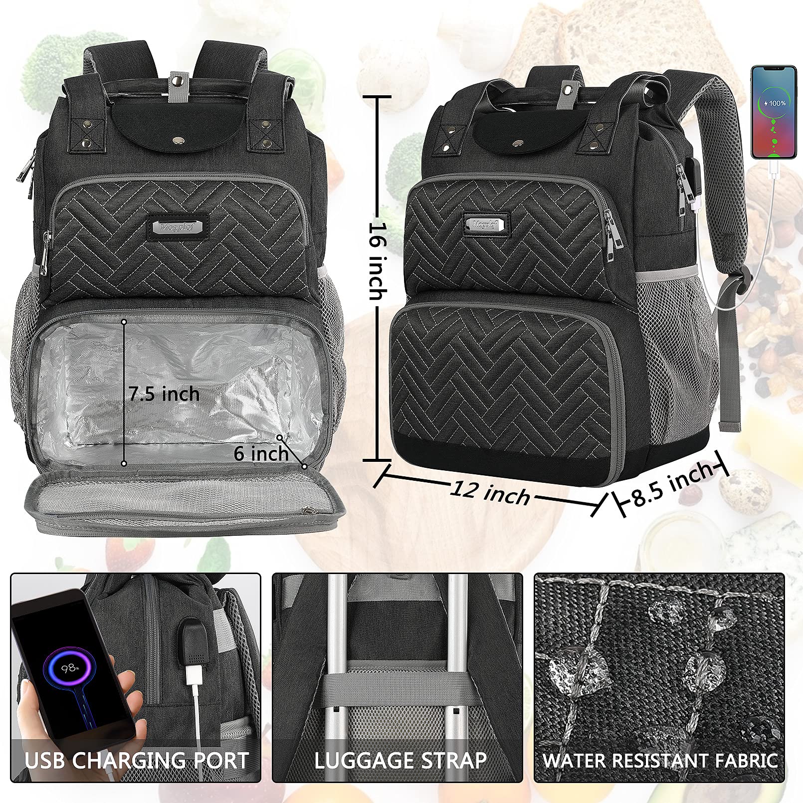 Mogplof Insulated Lunch Backpack for Women - 15.6 Inch Water-Resistant Lunch Bag with USB Charging Port & RFID Pockets - Work, Office, Picnic & Travel Lunch Box Backpack with Laptop Compartment - Perfect for Commuting, Hiking & Outdoor Activities