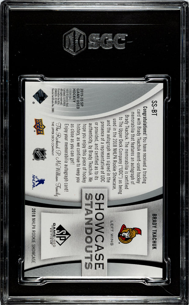 2019-20 Upper Deck SP Game Used Brady Tkachuk Showcase Standout Patch Autograph SGC 10 Gem Mint 47/50 - Rare Hockey Collectible for Display & Investment