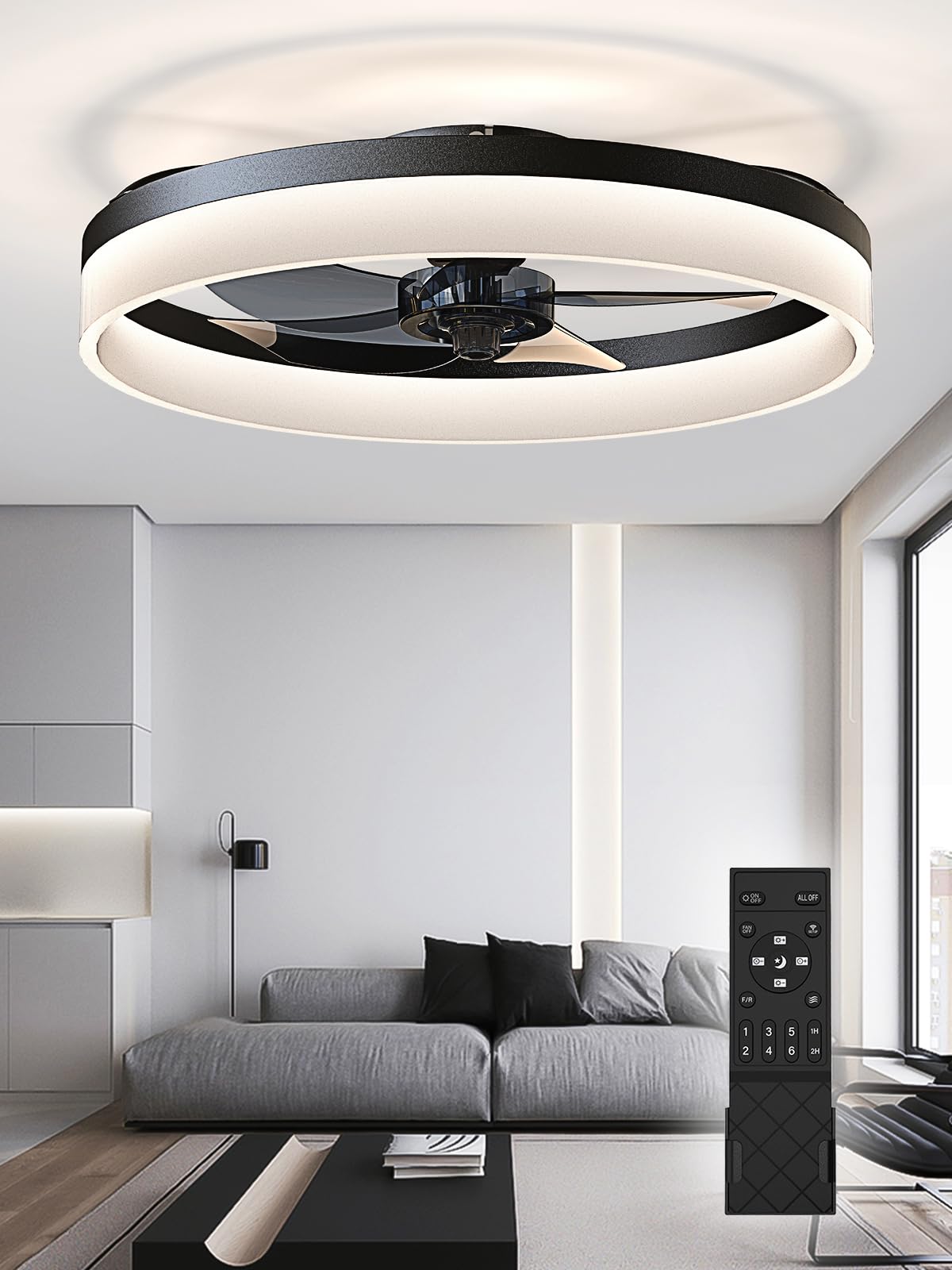 Low Profile Ceiling Fan with Light and Remote Control - 5 Invisible Blades, Dimmable LED, Reversible Blades, Timer Function - Semi Flush Mount Black Ceiling Fan for Bedroom, Living Room, and Office