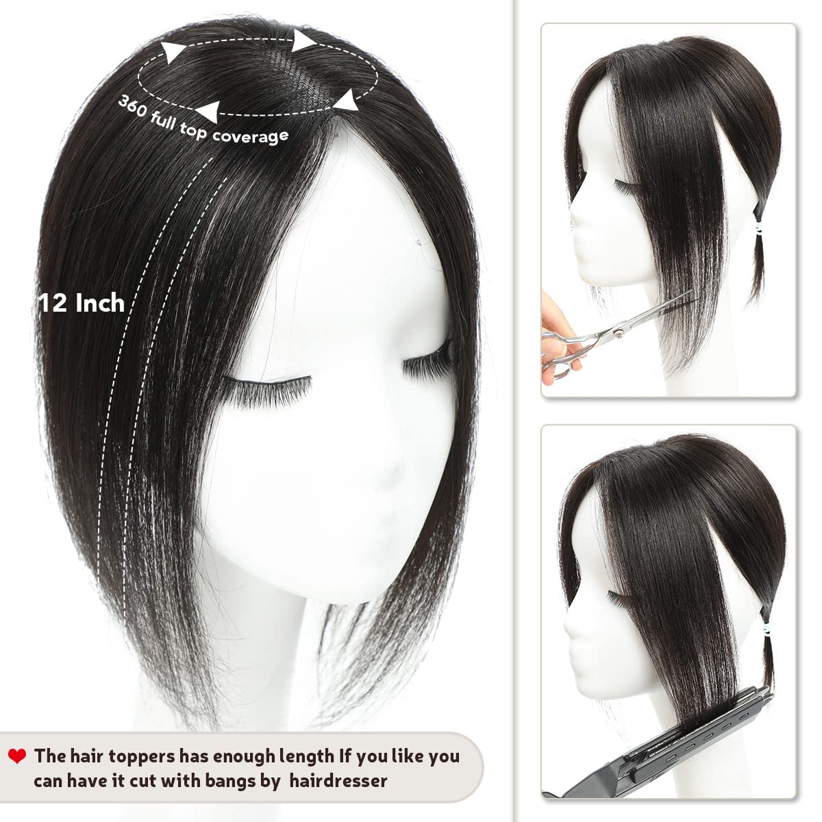 Premium 12 Inch Real Human Hair Toppers for Women - No Bangs, 100% Remy Hair with Lace Base | Natural-Looking Hair Thickening Solution for Thinning Hair, Daily Wear & Special Occasions
