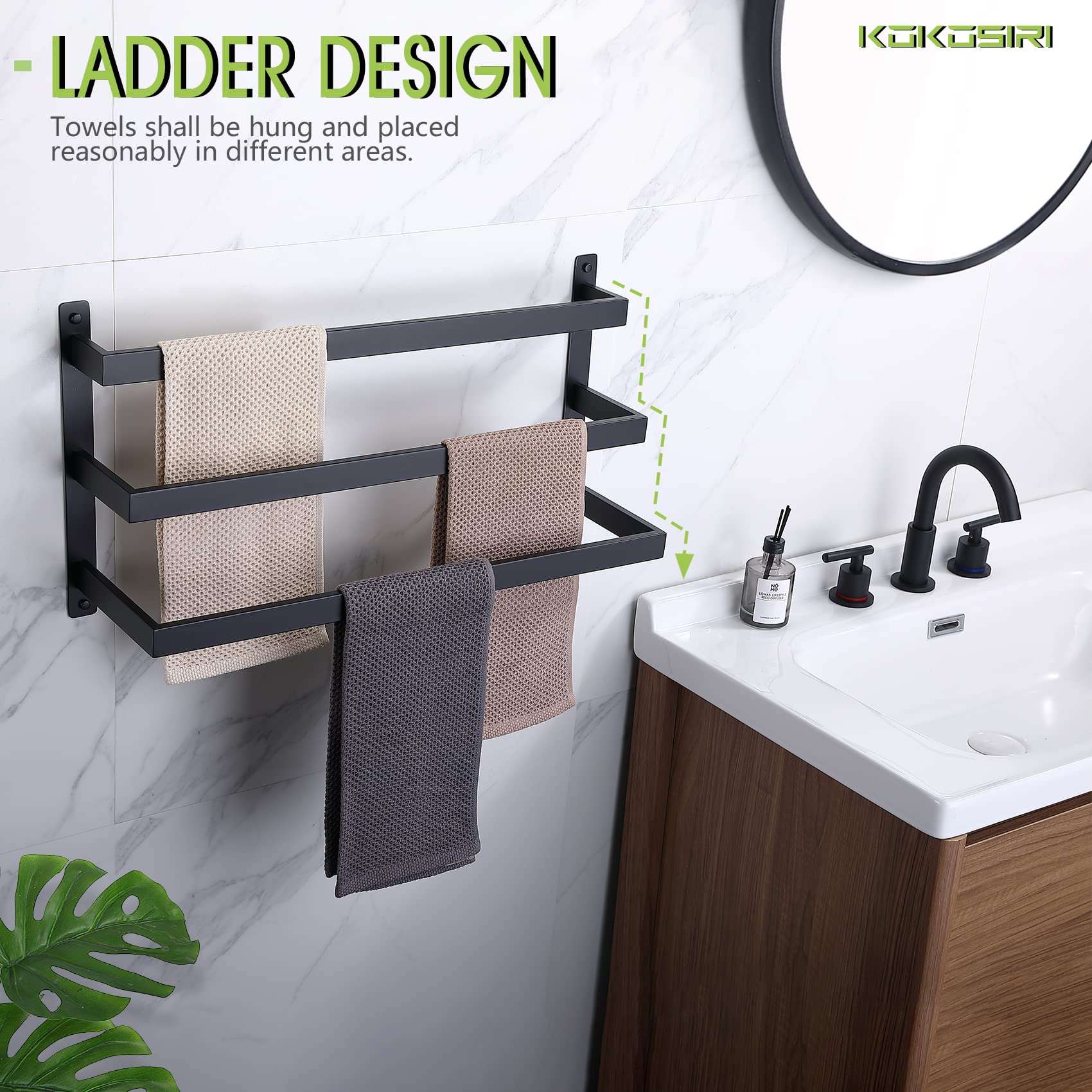 KOKOSIRI 3-Tier Ladder Bathroom Towel Bar & Toilet Paper Holder Set - Matte Black Space-Saving Organizer for Bathroom, Toilet, and Guest Room Storage (B5006BK-L24+B2003BK)
