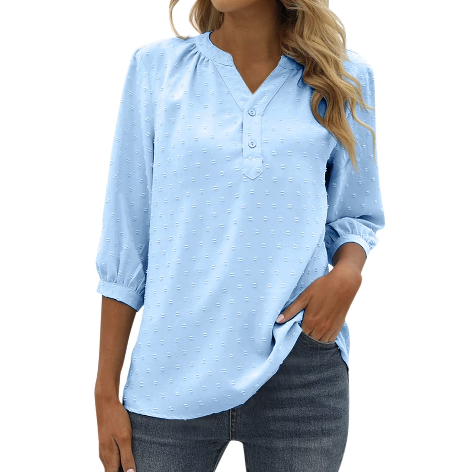 Women's Jacquard Pom Summer T-Shirt - Casual Half Sleeve Button V-Neck Tunic Top Blouse - Large White - Perfect for Beach Outings, Picnics & Summer Vacations