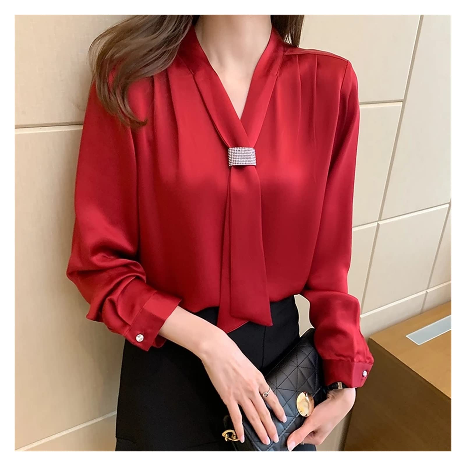 Spring Women's Red Chiffon Blouse Long Sleeve V-Neck Tunic Top - XXL Flowy Elegant Shirt for Office, Party & Date Night