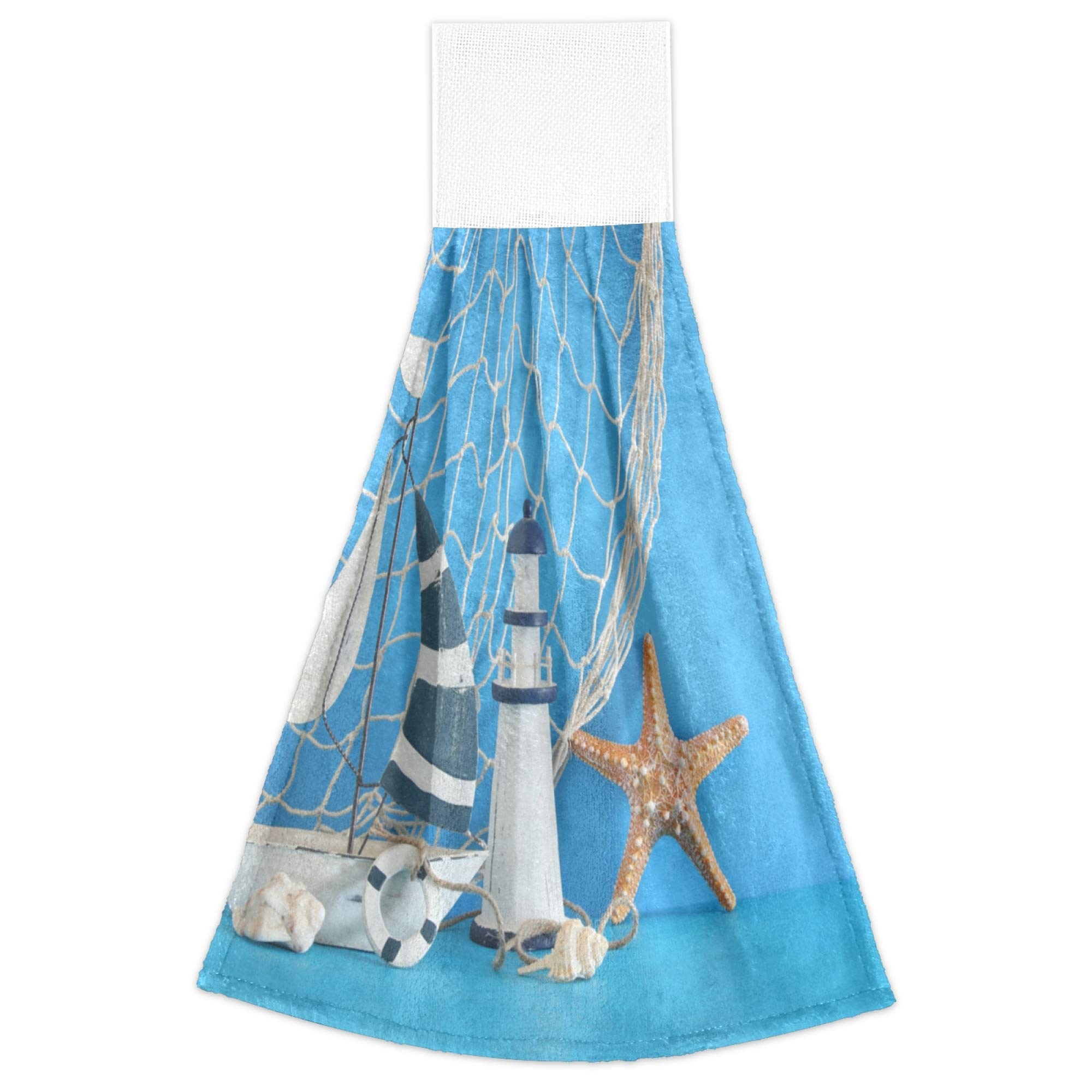 Nautical Theme Decorative Kitchen Hand Towels Set of 2 - Sailboat Lighthouse Starfish Seashells Fishnet Design on Blue Wooden Table - Absorbent Bath & Hand Towels with Hook & Loop for Hanging - Perfect for Coastal Decor, Beach House Kitchen, and Bathroom Accessories