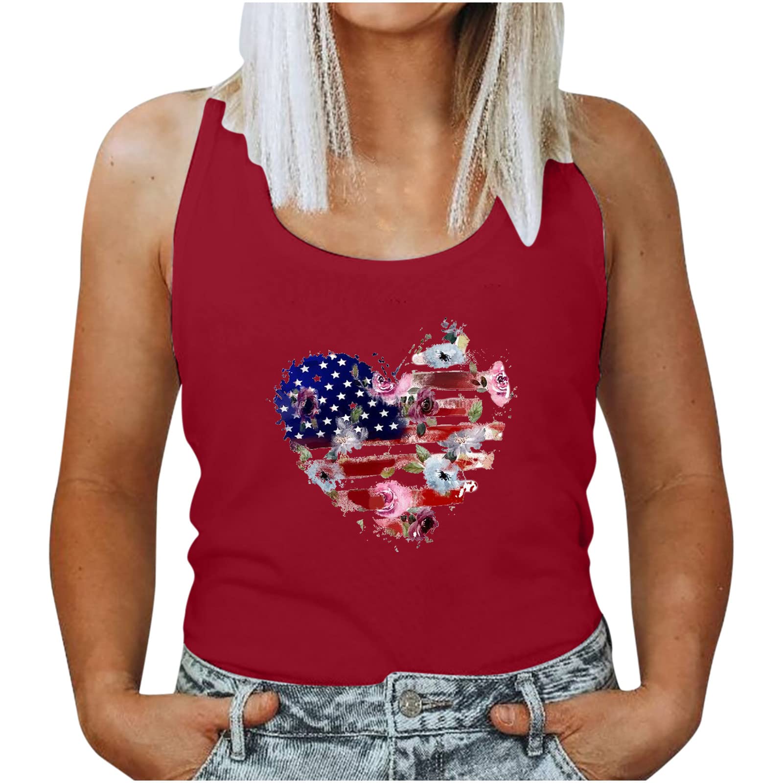Women's 4th of July Patriotic Tank Tops - Stars & Stripes Print Sleeveless Summer Crop Tops - Casual Basic Tees for BBQ, Beach & Independence Day Celebrations