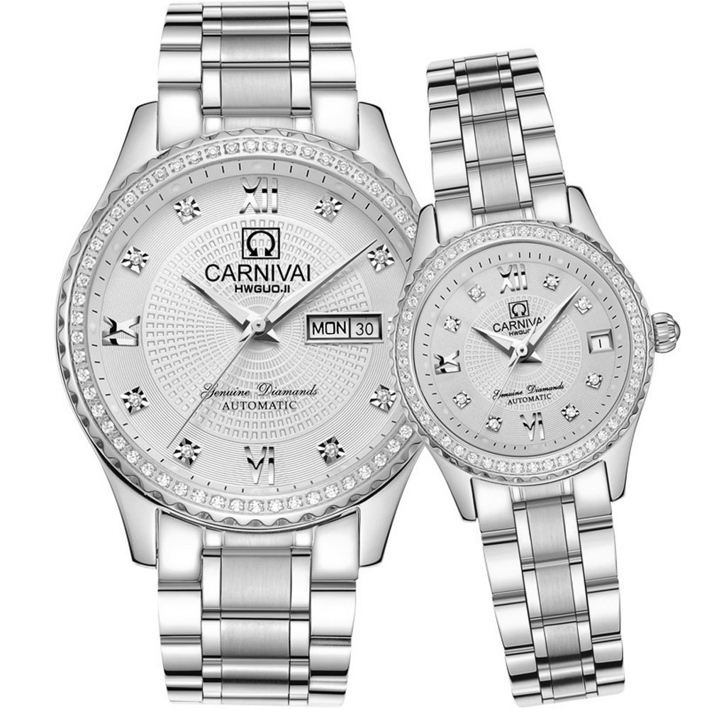 **Men's & Women's Automatic Dress Watches - Gold & Silver Stainless Steel Couple Watch Set (2-Piece) - Perfect for Anniversaries, Weddings & Formal Occasions**