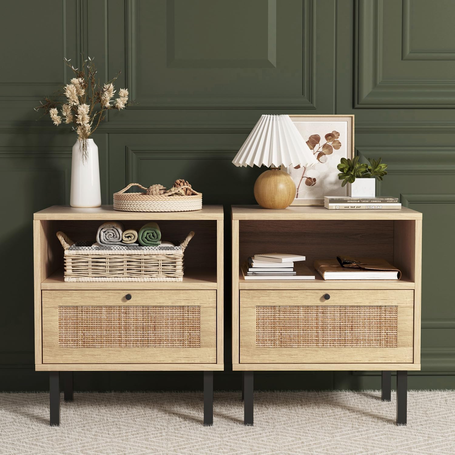 Rattan Nightstands Set of 2 - Boho Bedside Tables with 1 Door & Open Shelf, Natural Wood End Tables with Metal Legs - Perfect for Bedroom, Living Room, or Guest Room Decor