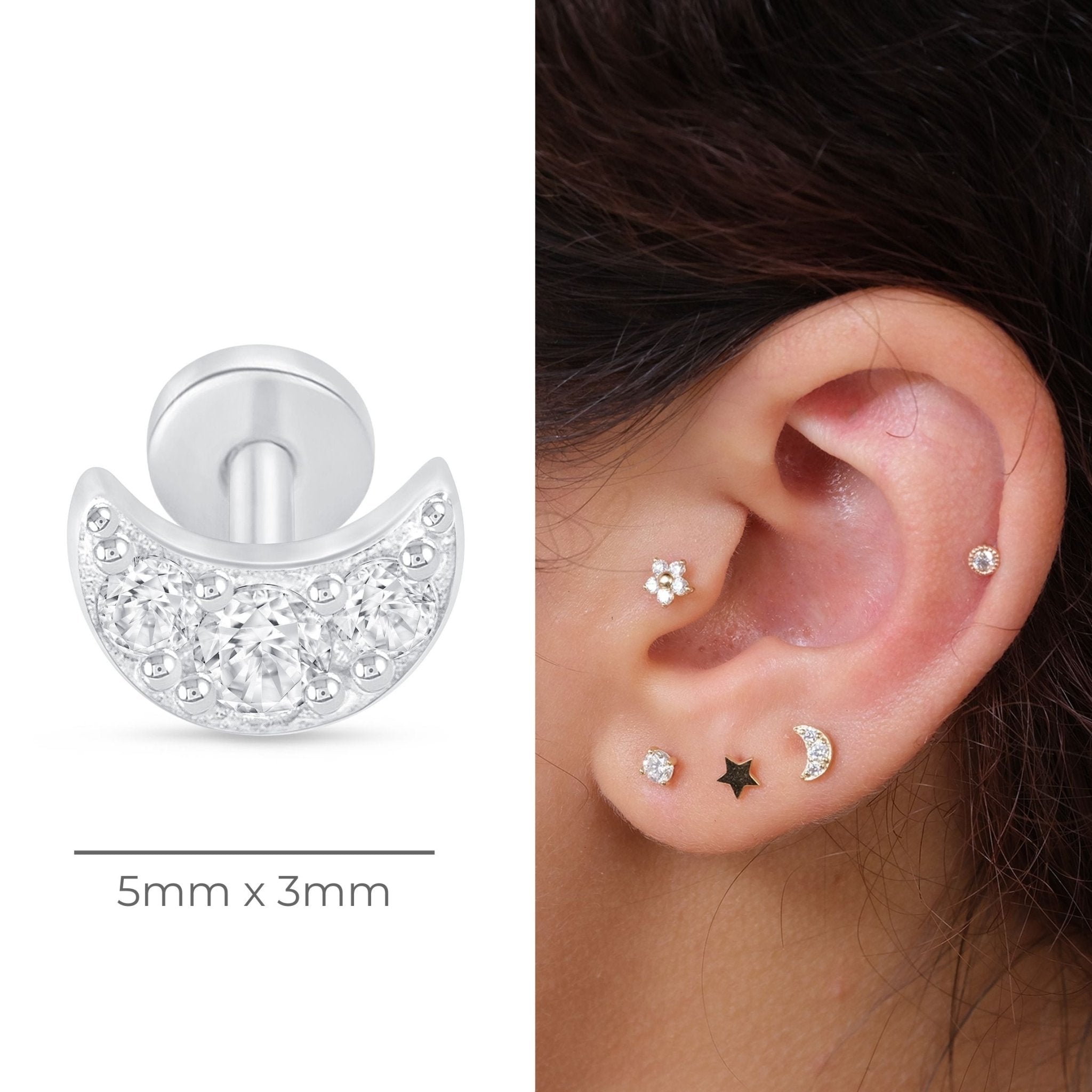 14K White Gold Crescent Moon Stud Earrings with Stone Accents - Perfect for Everyday Wear, Parties, and Gifting
