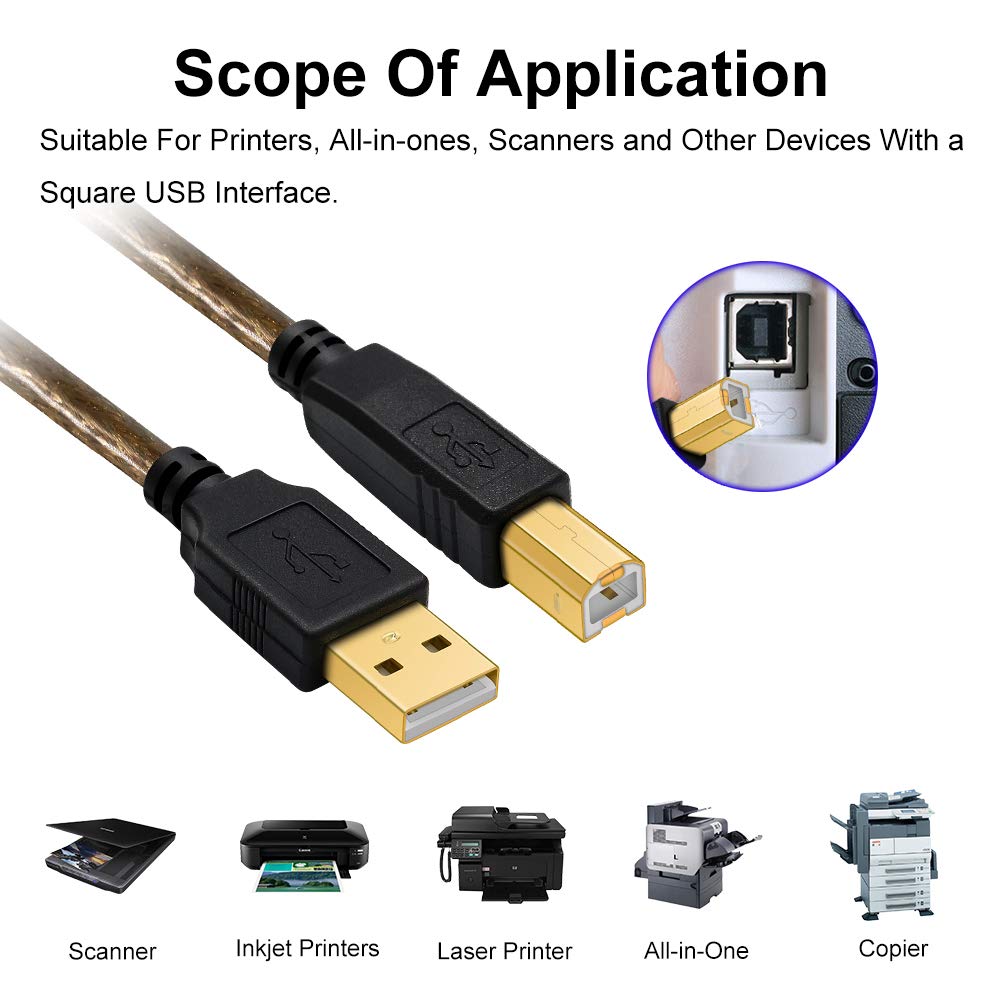 Yeung Qee 5m USB 2.0 Printer Cable - High Speed A Male to B Male Scanner Cord for HP, Canon, Lexmark, Dell, Xerox, Samsung Printers - Perfect for Office, Home & Studio Printing Needs (5 Meter)
