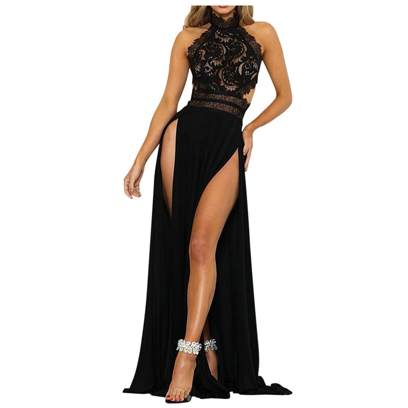 Sexy Backless Split Maxi Dress for Women - Off Shoulder Lace Party Gown in Solid Colors | Elegant Evening Wear for Weddings, Prom & Special Occasions