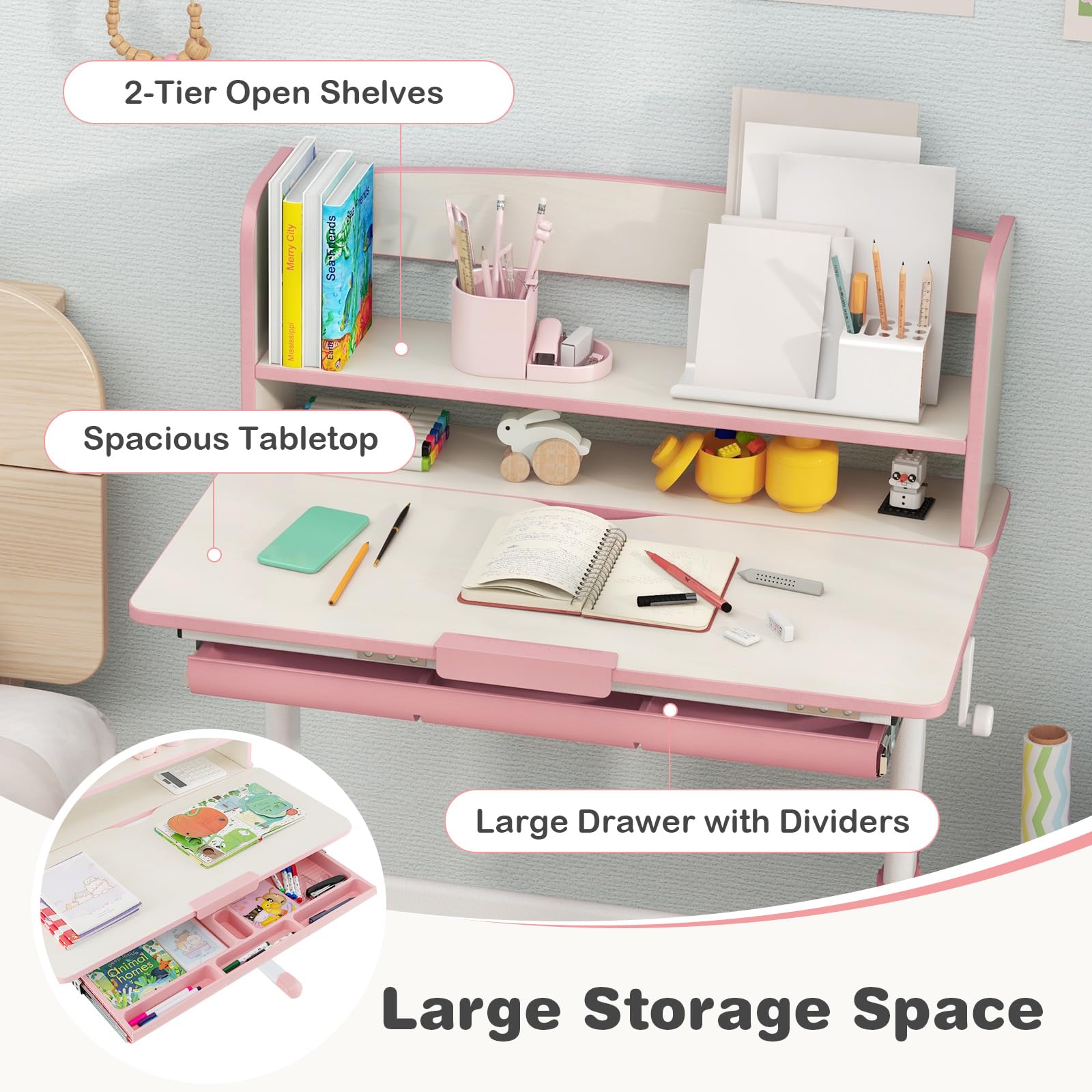 Costzon Adjustable Kids Desk with Storage Drawer & Hutch - Ergonomic Study Desk for Children, Tilt Desktop & Scale Ruler - Perfect for Homework, Drawing & Bedroom Organization (Pink)