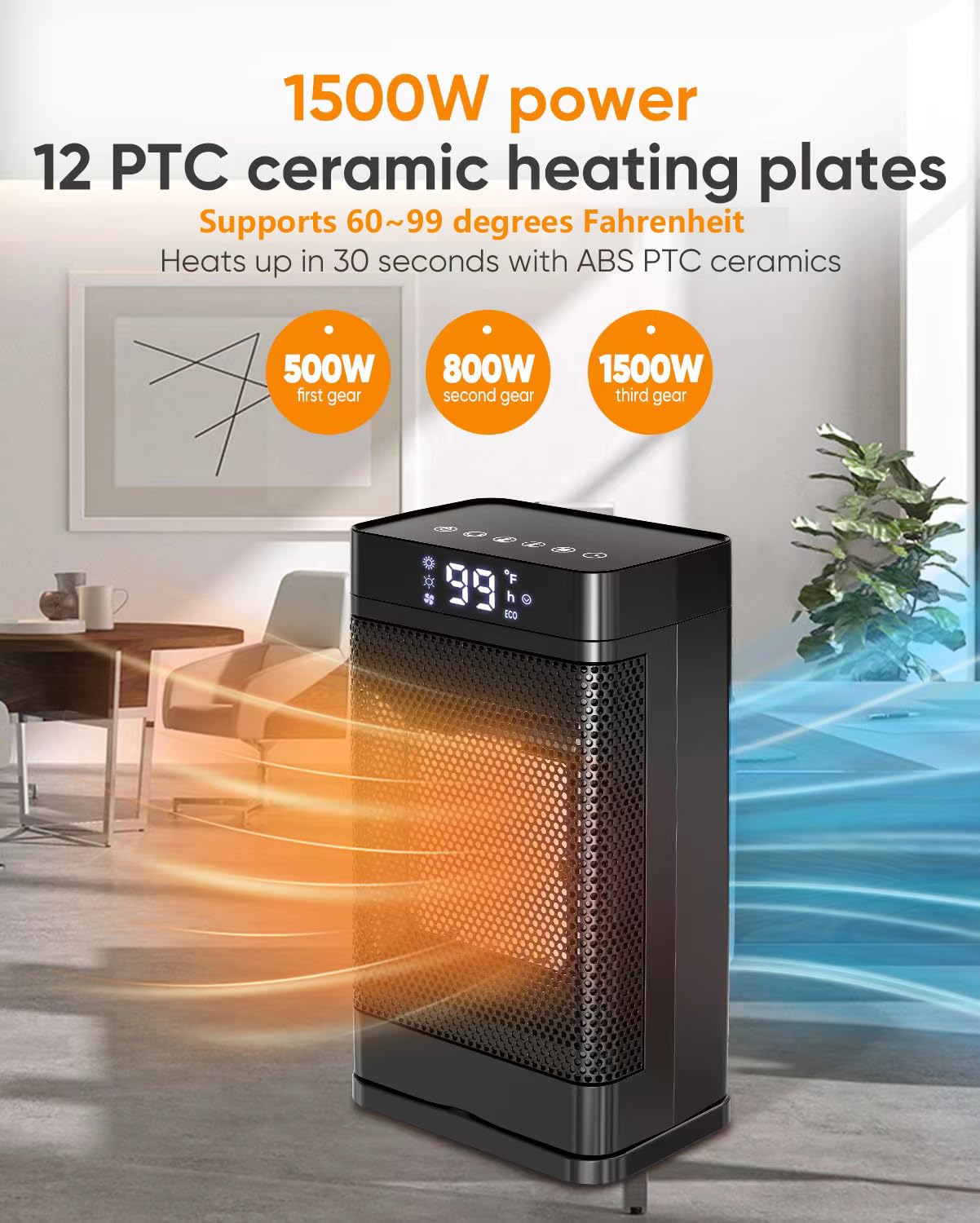PGYIOO! 1500W Portable Ceramic Space Heater with 12 PTC Heating Sheets, 99°F Adjustable Temperature, 12-Hour Timer - Safe & Energy Efficient for Bedroom, Office & Home Use - Perfect for Winter Heating & Small Space Warmth