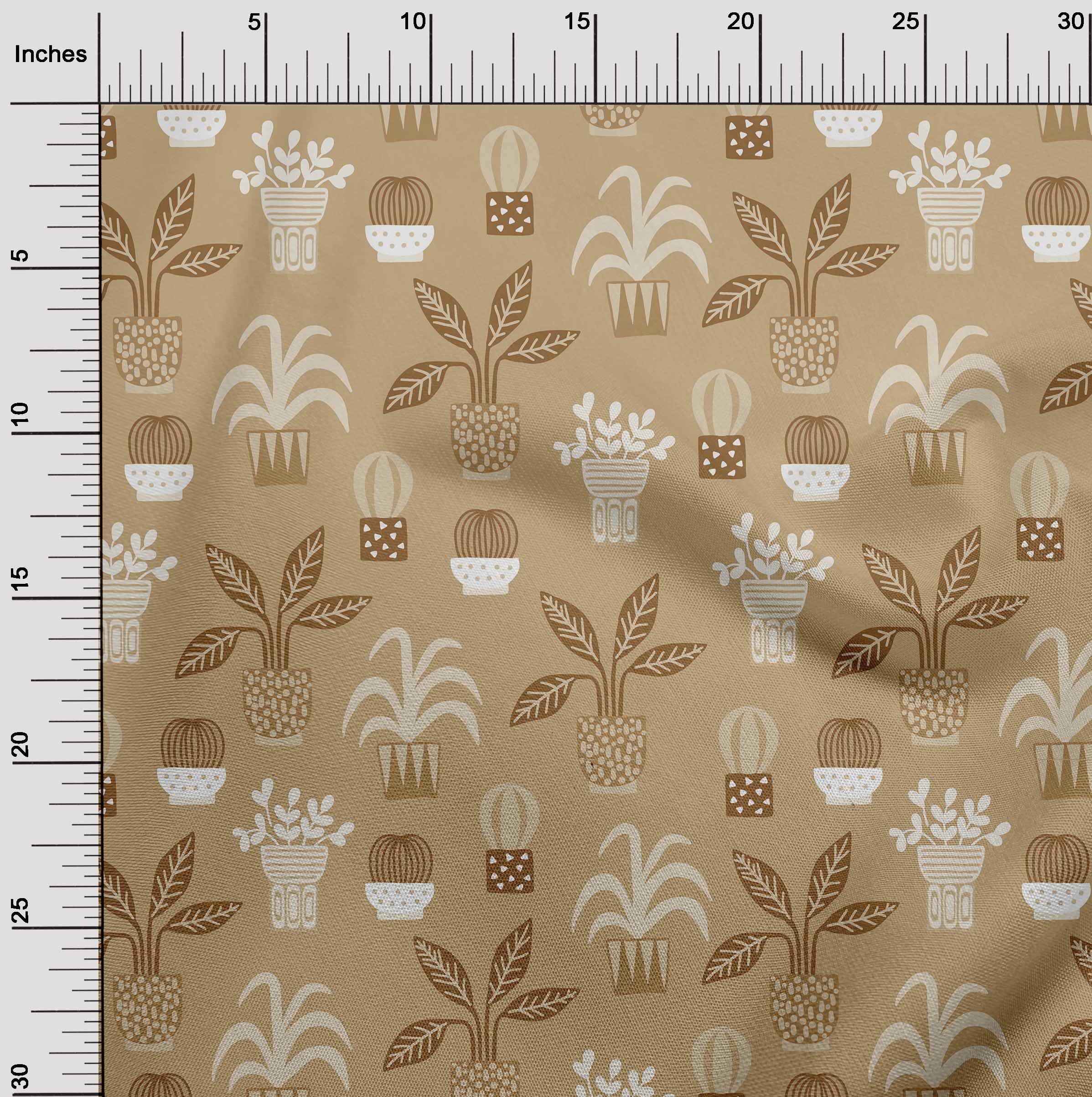 Premium 100% Cotton Poplin Twill Fabric - Light Brown with Floral Pot Motif Print | 56 Inch Wide by The Yard | Perfect for Sewing, DIY Crafts, Home Decor & Quilting Projects