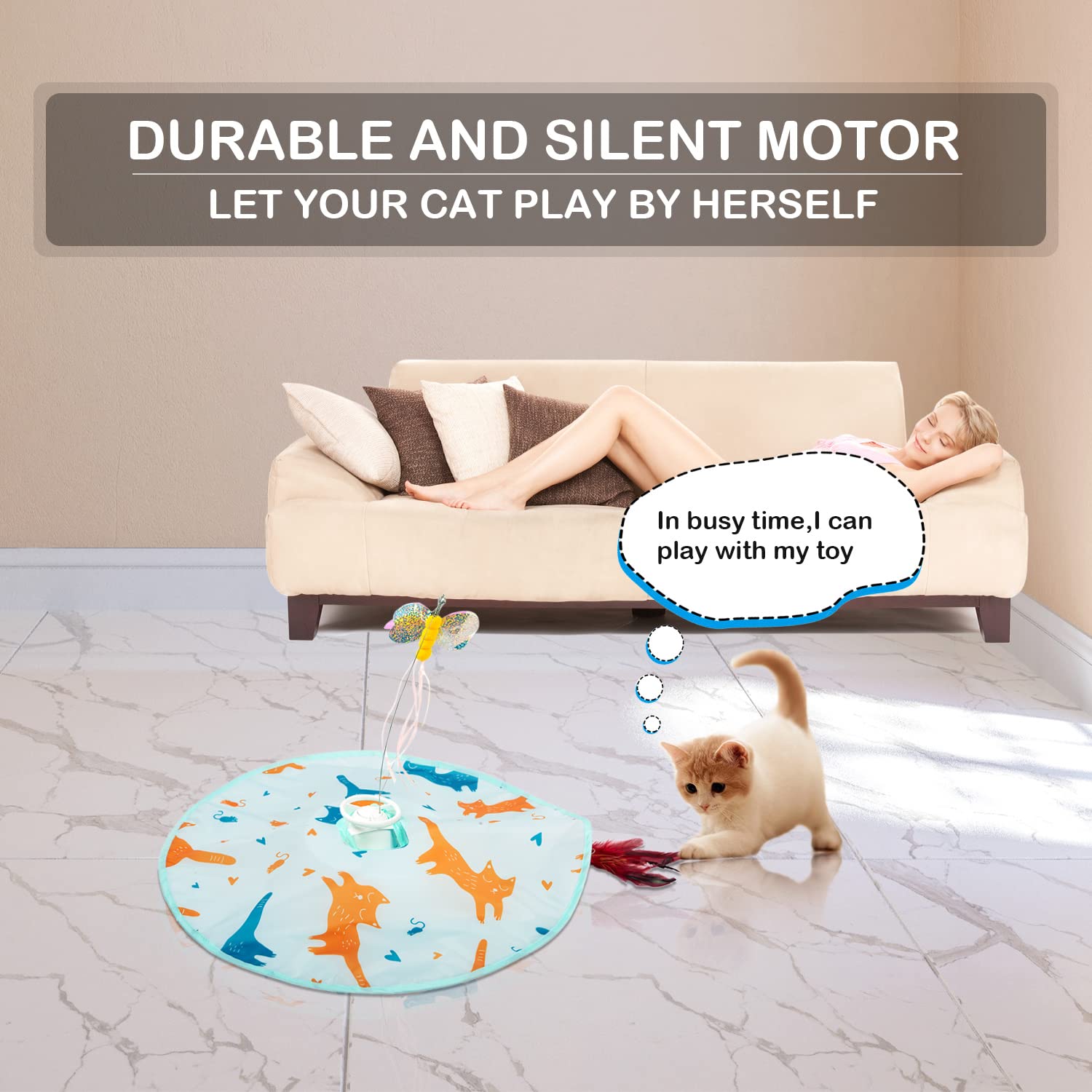 2-in-1 Rechargeable Motion Activated Interactive Cat Toys for Indoor Cats - Long Lasting Motorized Chasing Toy with Butterfly & Feather Wand for Exercise & Play | Perfect for Boredom Relief & Active Playtime