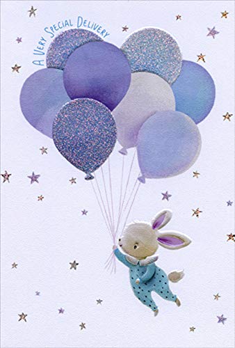 Blue Bunny Balloons Baby Boy Congratulations Card by Sanja Rescek - Perfect for Newborn Gifts, Baby Showers & Welcome Home Celebrations