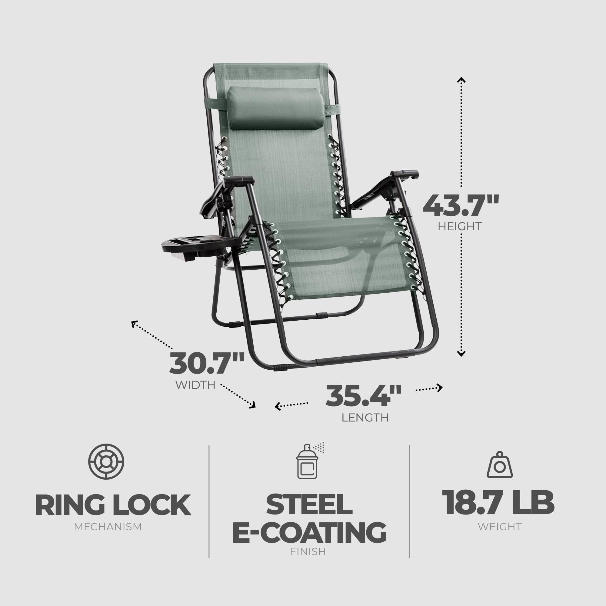 Sunny Isles XL Zero Gravity Outdoor Patio Reclining Chair - Steel Frame Comfortable Lounge Seating Furniture Set (3 Pack, Green) - Perfect for Backyard, Poolside & Beach Relaxation