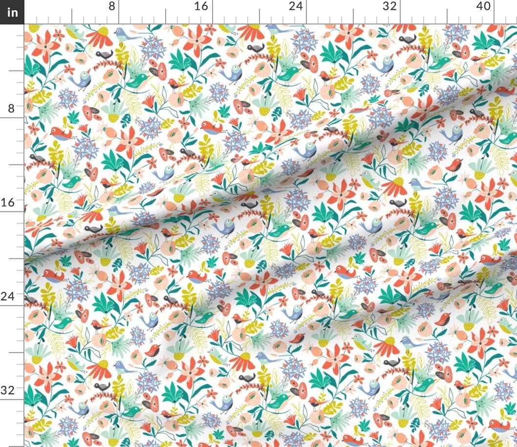 Garden Bird Floral Printed Cotton Fabric by The Yard - Spring Summer Chintz Design for Sewing, Quilting, Apparel & Home Decor | Perfect for DIY Crafts, Dresses, Curtains and Pillow Covers