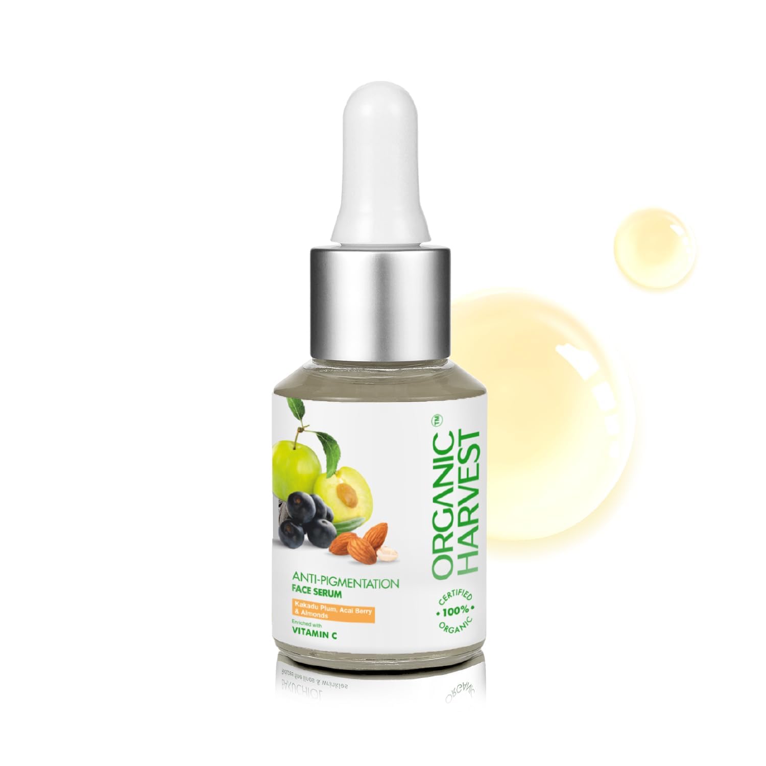 Organic Harvest Anti-Pigmentation Face Serum with Kakadu Plum, Acai Berry & Almonds | Brightens Skin, Reduces Blemishes & Wrinkles | 100% USDA Certified Organic, Paraben & Sulfate Free (30ml) | Perfect for Daily Skincare Routine & Nighttime Treatment