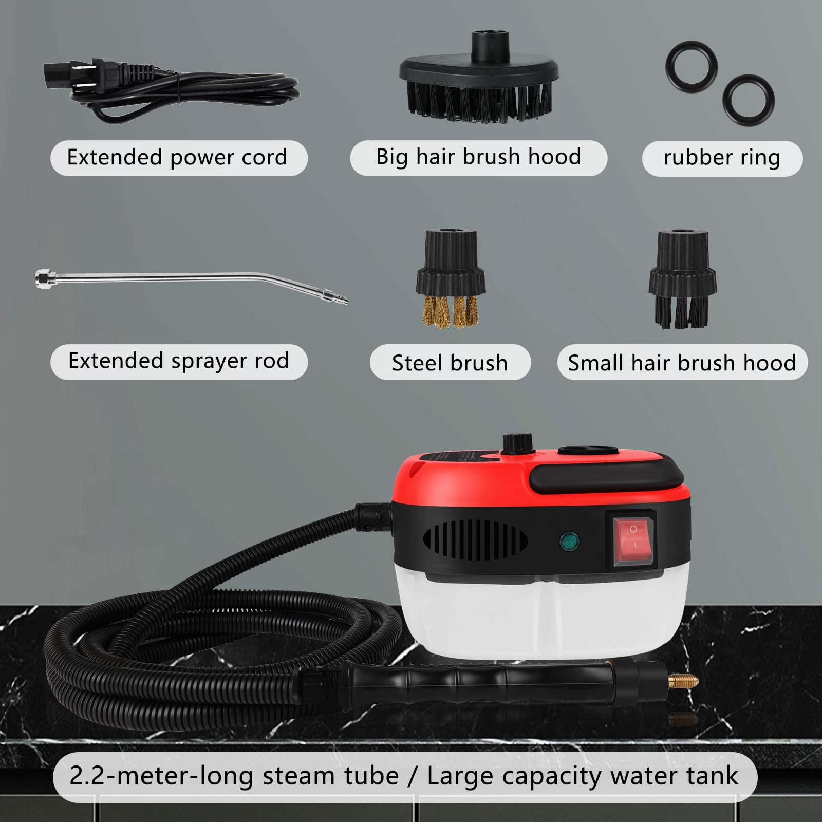 2500W Handheld Steam Cleaner with 3 Brush Heads - Portable Pressurized Steam Cleaner for Home, Car, Kitchen, Bathroom & Furniture - Perfect for Deep Cleaning Floors, Upholstery, Tiles & More - Red