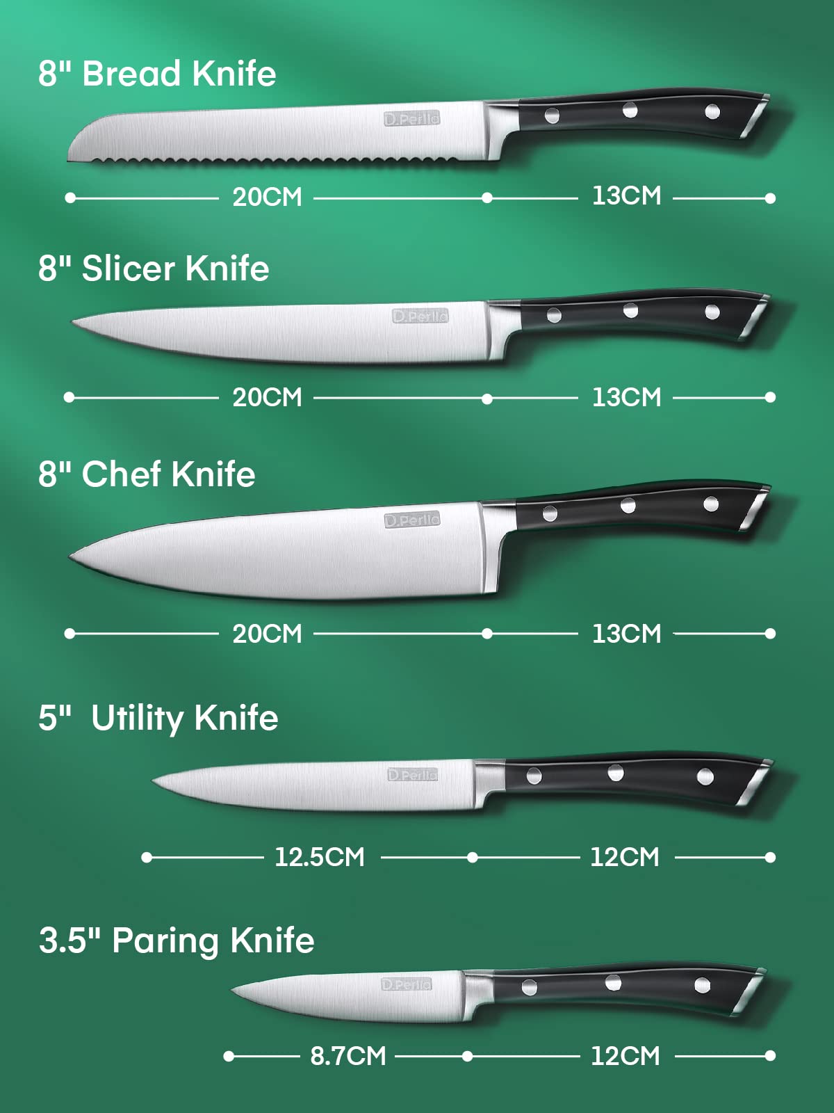 D.Perlla 6-Piece German Stainless Steel Kitchen Knife Set with Wooden Block - Razor Sharp Chef Knives for Slicing, Dicing & Food Prep - Perfect for Home Cooking & Professional Kitchens
