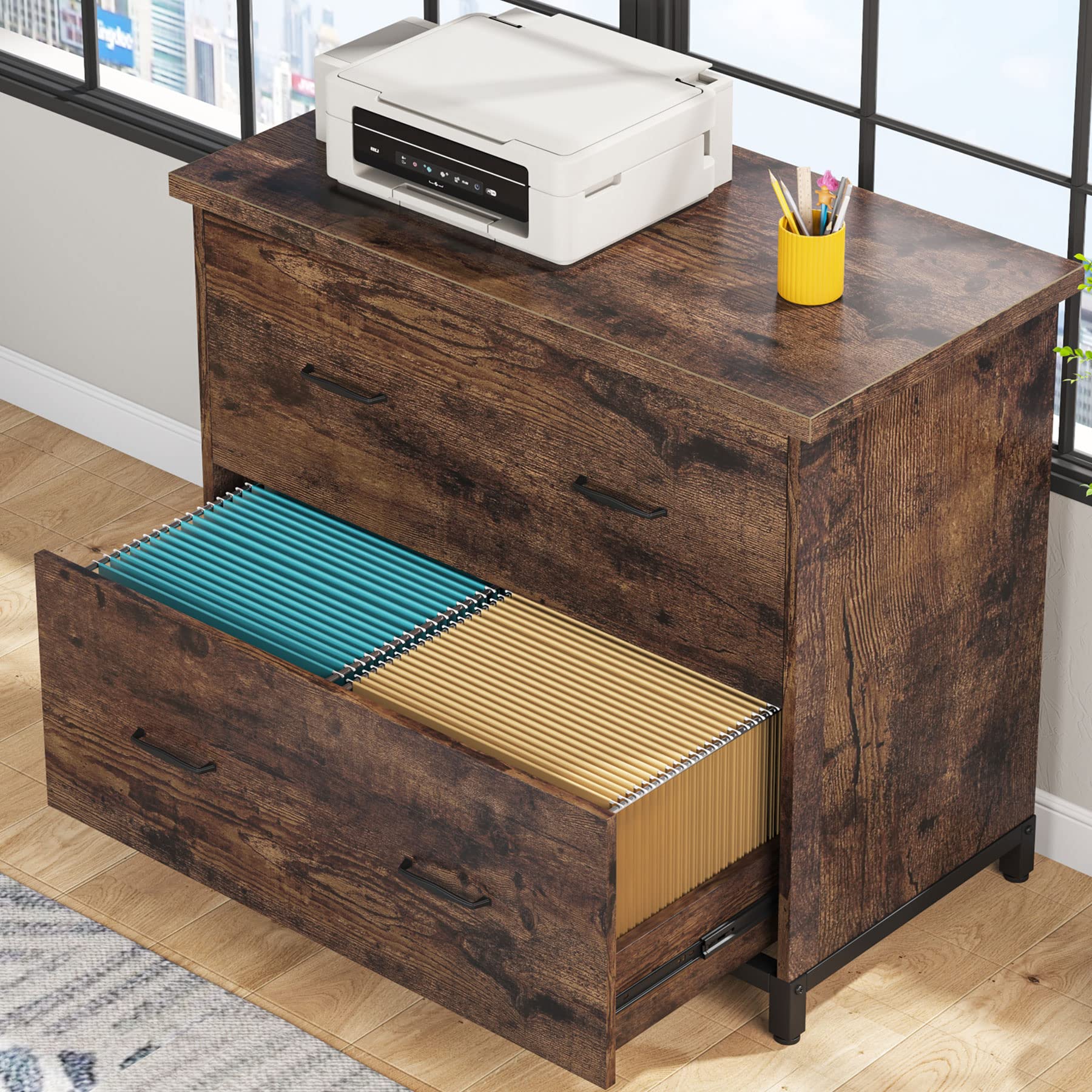 Tribesigns 2-Drawer Wood Lateral File Cabinet - Letter Size Office Storage Credenza with Printer Stand for Home & Workspace, Brown - Perfect for Organizing Documents & Office Supplies