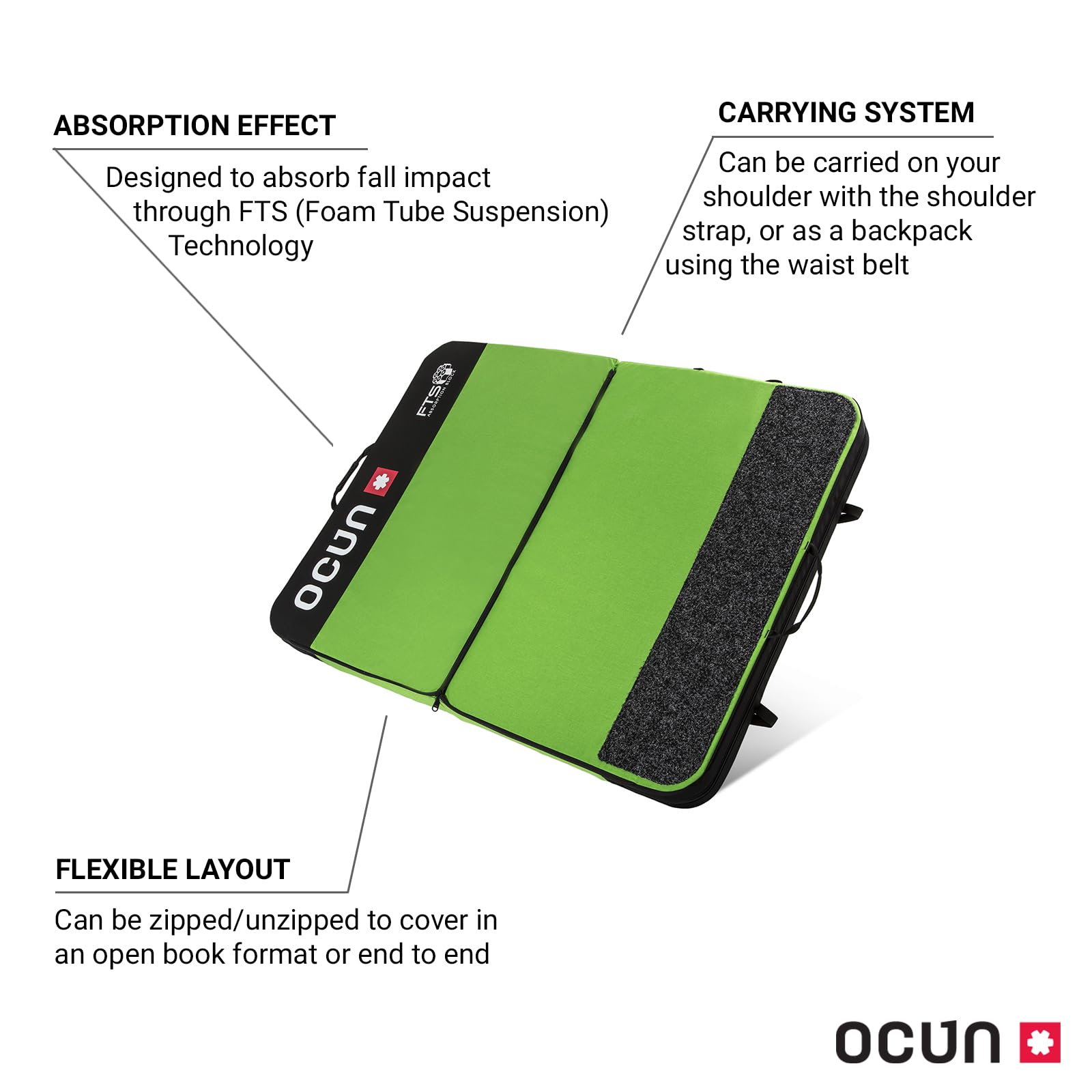 Ocun Moonwalk FTS Crash Pad - Compact Bouldering Safety Fall Pad for Rock Climbing | Lightweight & Durable Climbing Mat for Indoor/Outdoor Training | Perfect for Gym, Crag & Backyard Practice