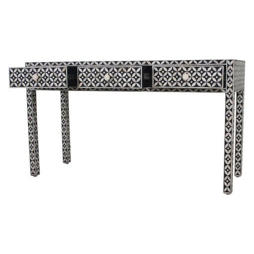 Handmade Bone Inlay Geometric Console Table - Black Wooden Entryway Sofa Table for Living Room, Hallway & Foyer Decor