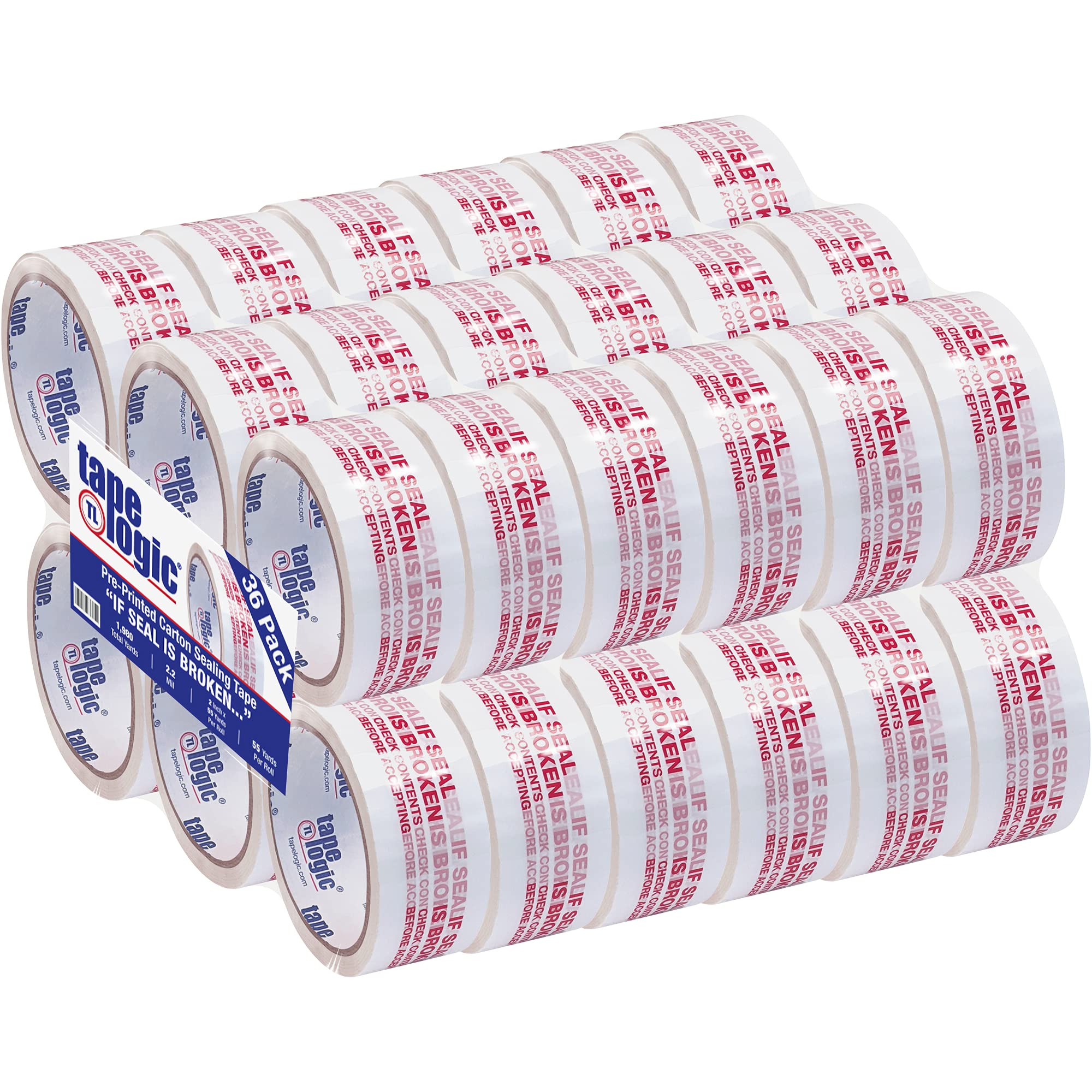 Heavy Duty Packing Tape 2 Inch x 55 Yards - 2.2 Mil Red/White 'If Seal is Broken' Security Tape - 36 Rolls Bulk Pack for Shipping, Moving, Office & Home Use - Secure Box Sealing for Ecommerce, Storage & Logistics (T901P16)