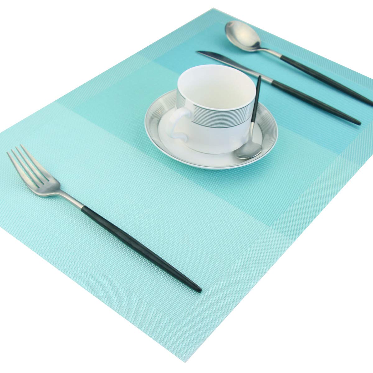 Non-Slip Plastic Placemats Set of 6 - Woven Vinyl Washable Table Mats 18x12 Inches for Dining Table - Easy to Clean & Durable - Perfect for Everyday Meals, Dinner Parties & Holiday Gatherings (Teal)