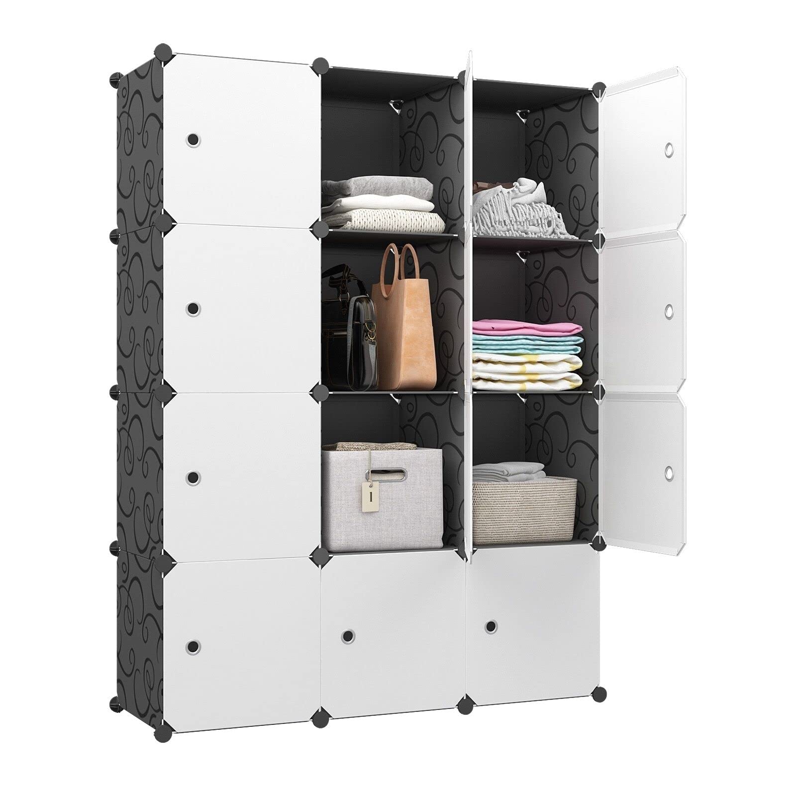 Aeitc 12-Cube Large Storage Organizer with Doors - Portable Wardrobe Closet for Bedroom, Armoire & Clothes Storage - Black | Perfect for Small Spaces, Dorm Rooms & Home Organization