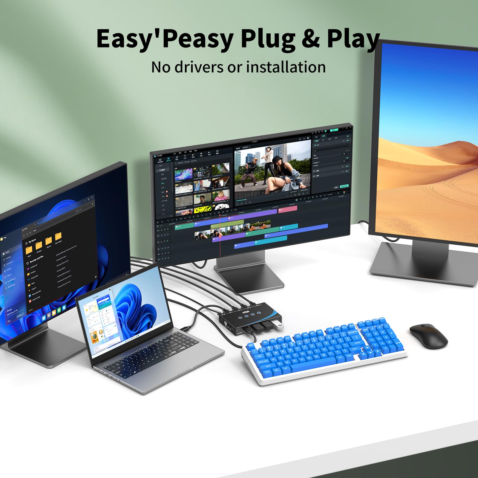 USB 3.0 Switch Selector - 4 Port KVM Switch for Sharing Mouse, Keyboard, Printer & Scanner Between 4 Computers | Includes 4 USB 3.0 Cables & Desktop Controller with 3.5mm Audio Jack | Perfect for Home Office, Gaming Setup & Multi-Device Workstations