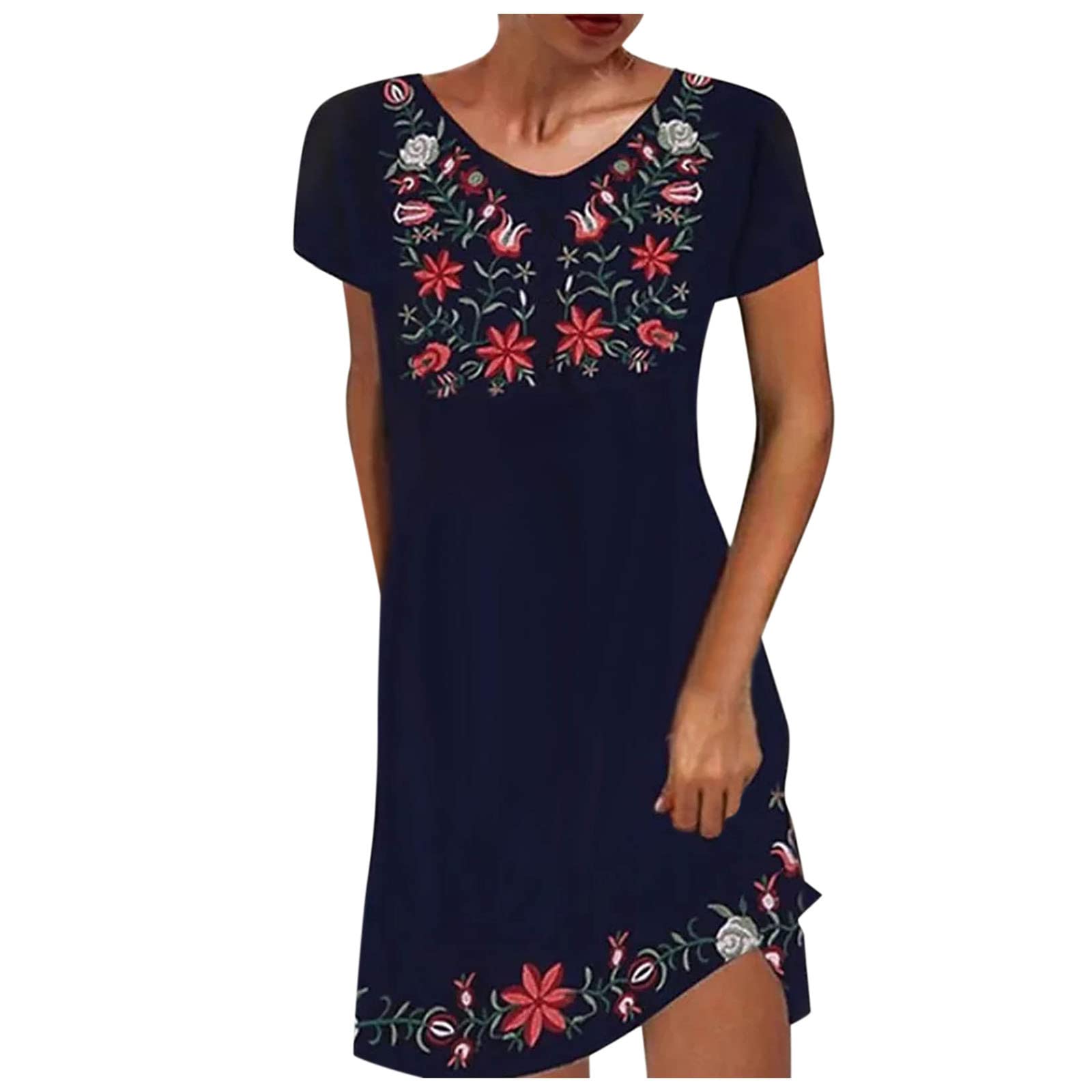Women's Floral Print Short Mini Dress - Black Short Sleeve Summer Dress for Casual Outings, Beach Vacations & Date Nights