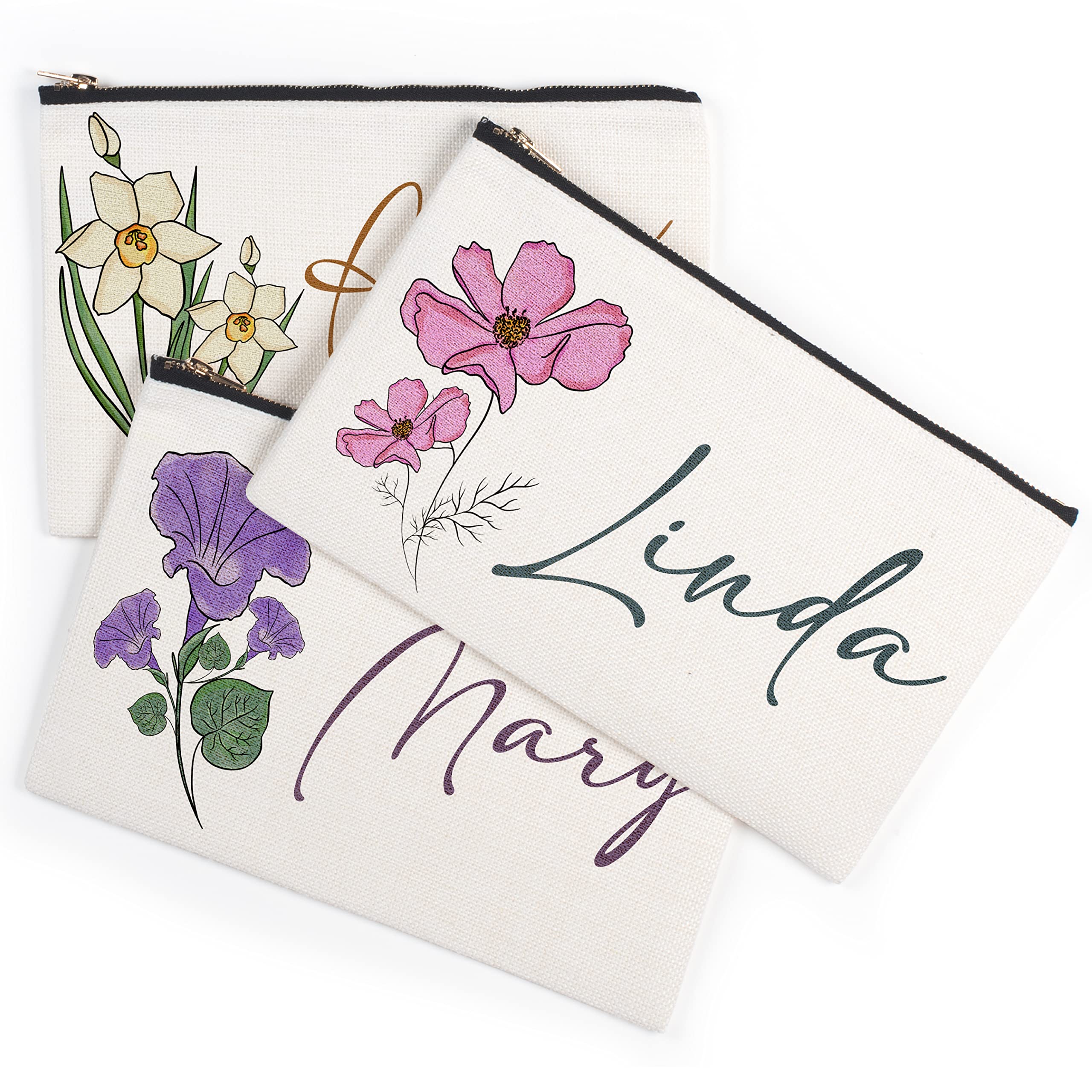 Personalized Makeup Bag for Women with Custom Name & Birth Flower - Large Travel Cosmetic Pouch (9.5x6