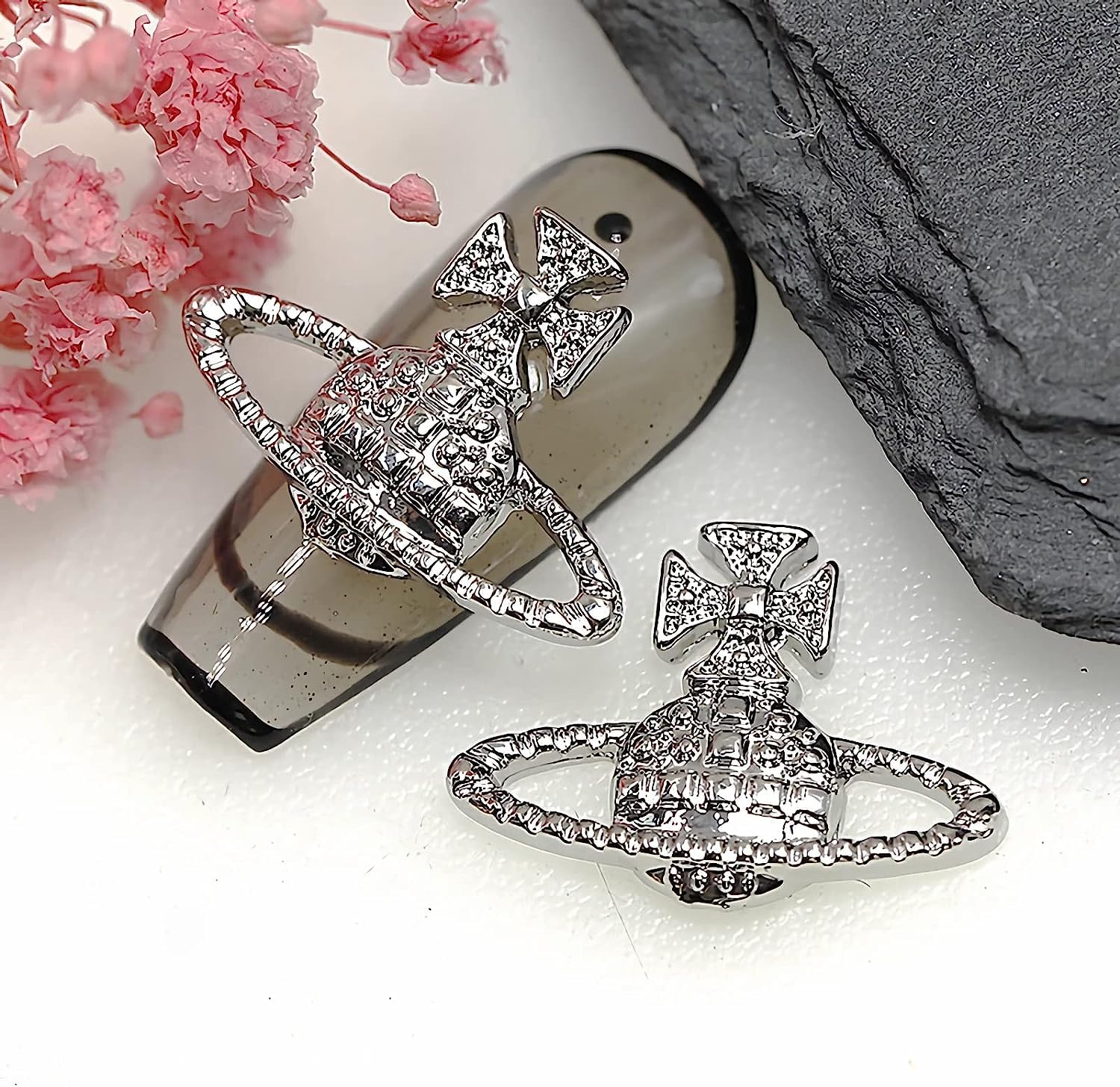 60Pcs 3D Y2K Kawaii Planet & Cross Nail Charms - Gold and Silver Nail Art Gems for Acrylic Nails, DIY Nail Jewelry Decorations for Women & Girls | Perfect for Party, Festival, and Everyday Nail Art Designs