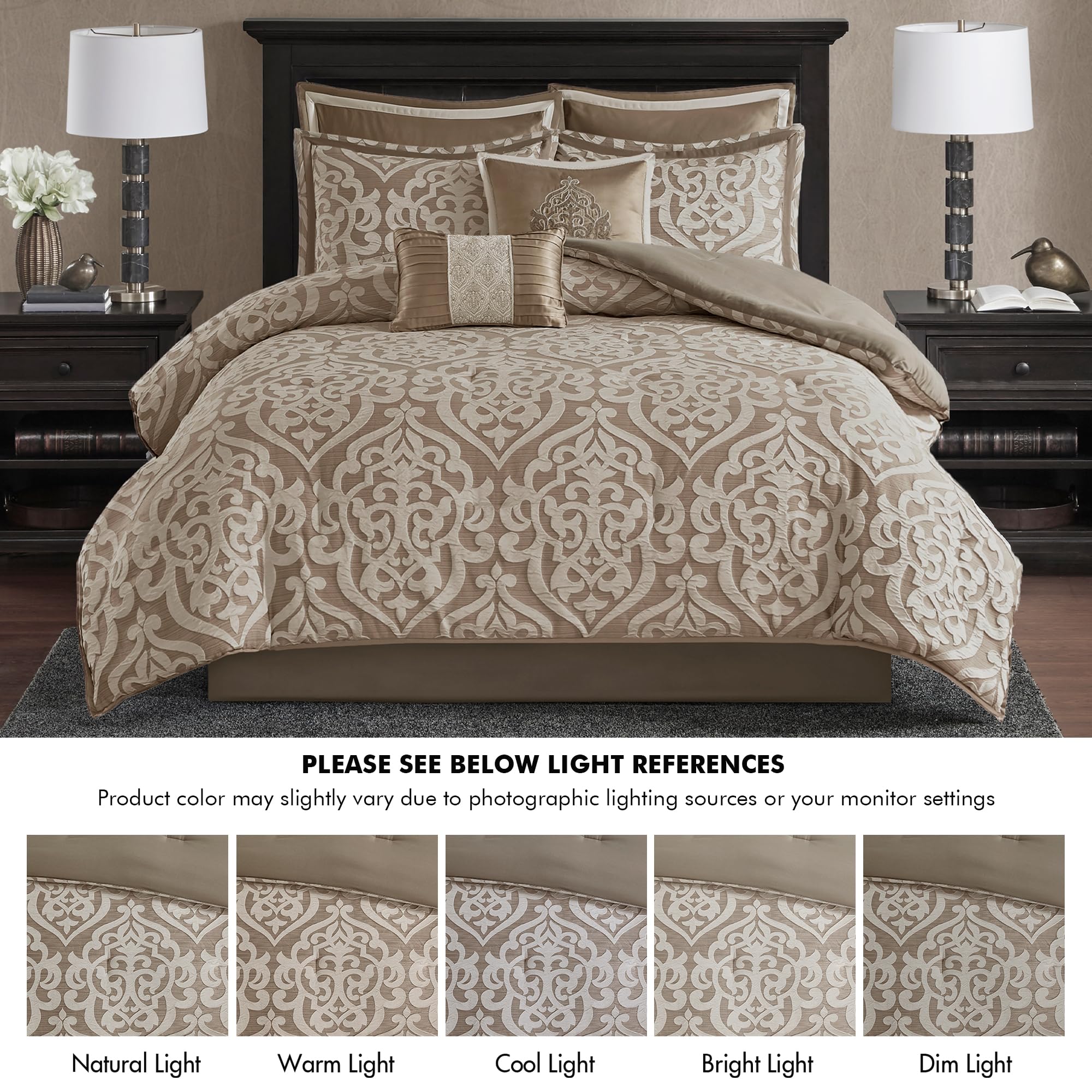 Madison Park Odette 8-Piece Comforter Set - Jacquard Damask Medallion Design, Down Alternative All-Season Bedding with Shams & Decorative Pillows, California King (104