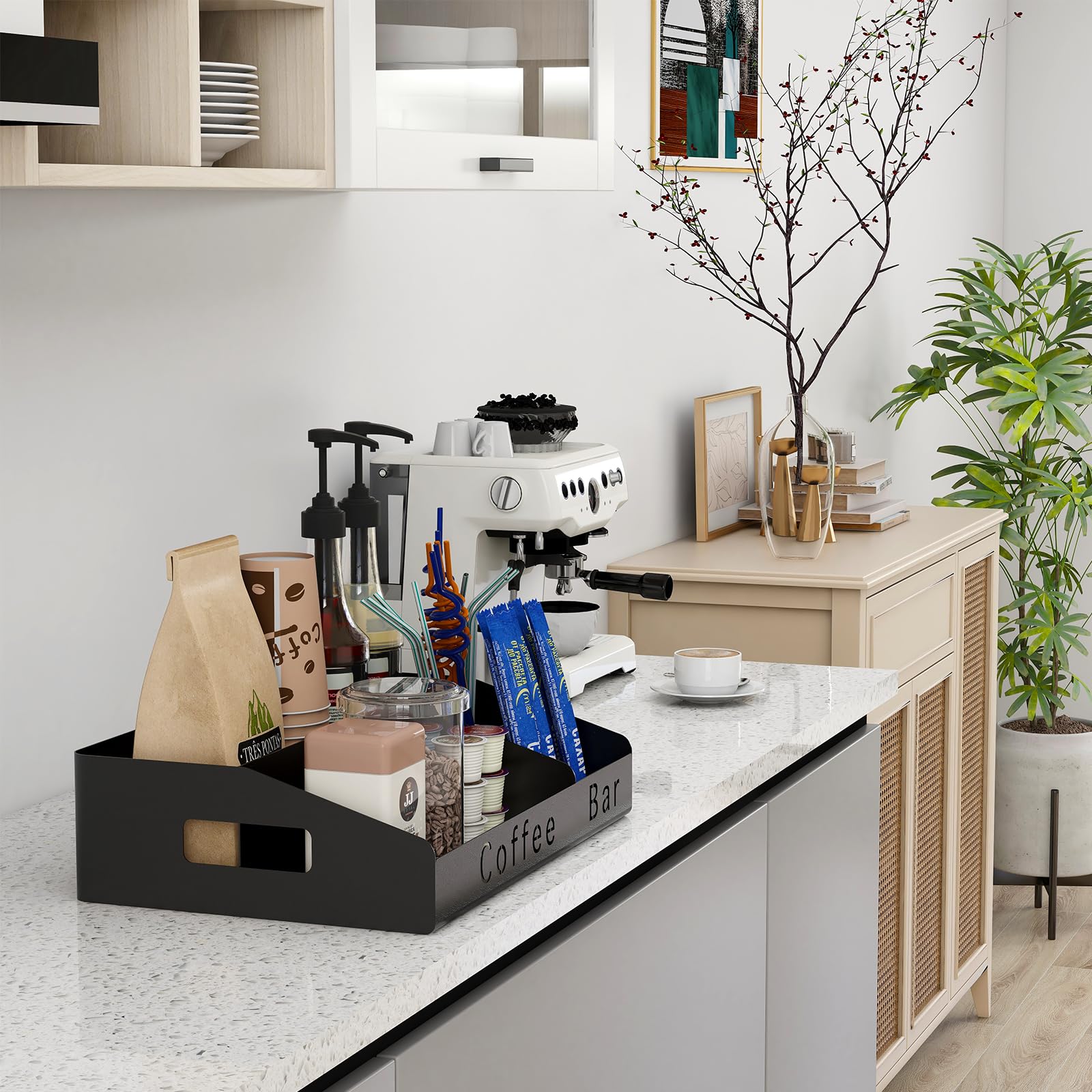 Black Metal Coffee Bar Organizer - Countertop Coffee Station with K-Cup Holder, Syrup & Stirrer Storage - Perfect for Kitchen, Office or Dorm Coffee Setup