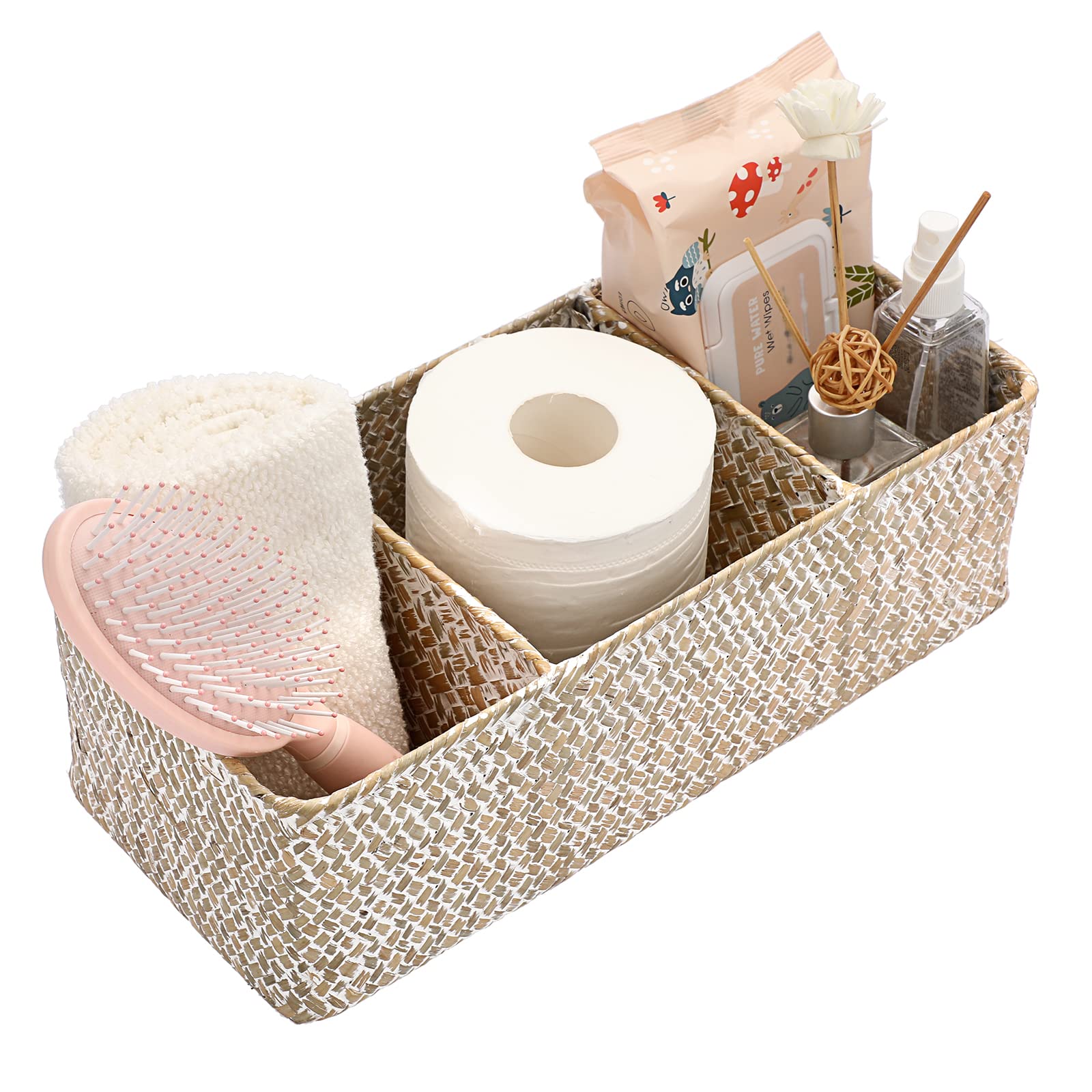Sumnacon Seagrass Toilet Paper Storage Basket - Woven Bathroom Organizer with Toiletries Compartment | Decorative Countertop Vanity Shelf Basket for Bathroom, Kitchen & Home (White) - Perfect for Organizing Tissues, Soaps & Small Essentials