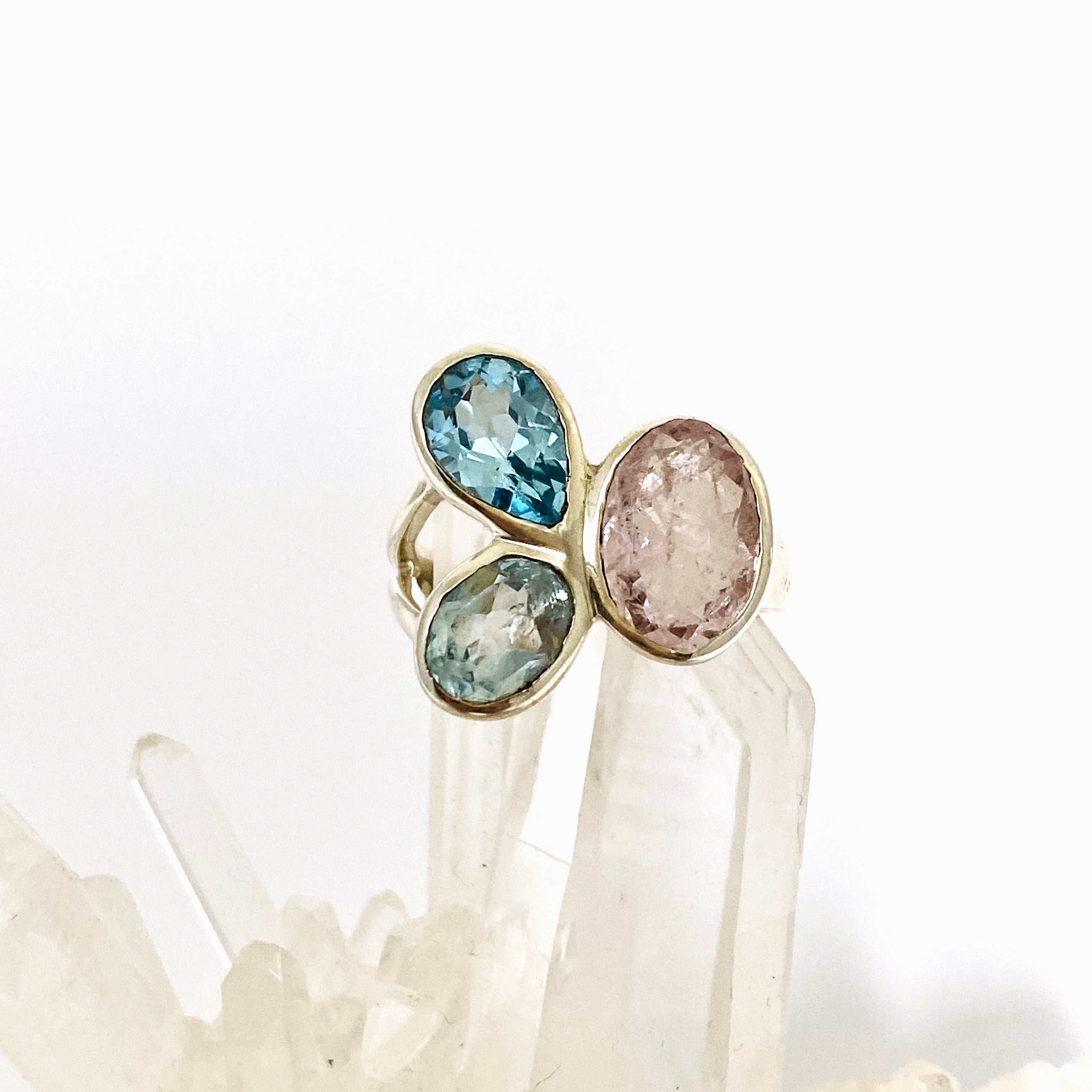 Morganite and Blue Topaz Multi-Stone Faceted Ring Size 8 - Elegant Birthstone Jewelry for Women, Perfect for Weddings, Anniversaries & Special Occasions