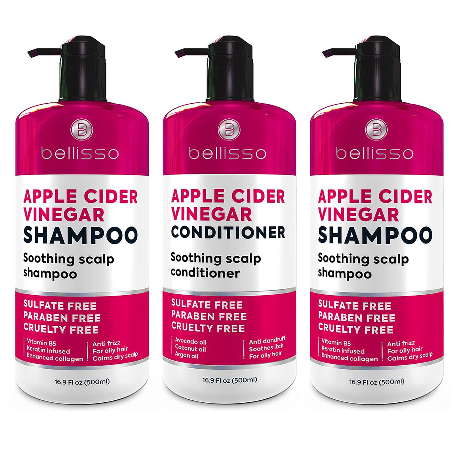 BELLISSO Apple Cider Vinegar Shampoo & Conditioner Set - Natural Anti Dandruff, Moisturizing & Nourishing Hair Care for Shine & Scalp Soothing - Paraben Free for Women & Men - Perfect for Dry, Itchy Scalp & Damaged Hair