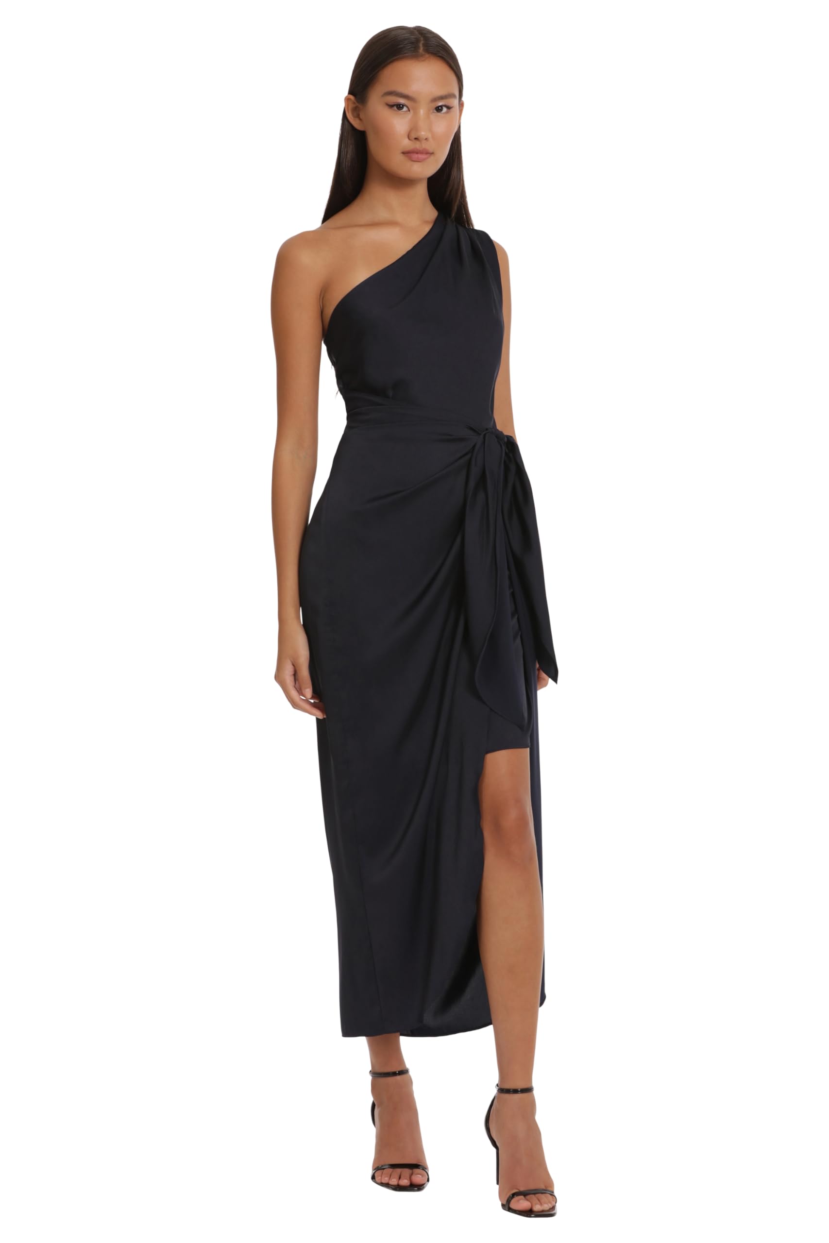 Donna Morgan Women's One Shoulder Faux Wrap Charmeuse Maxi Dress with Tie Waist - Elegant Evening Gown for Wedding Guest, Cocktail Party & Special Occasions