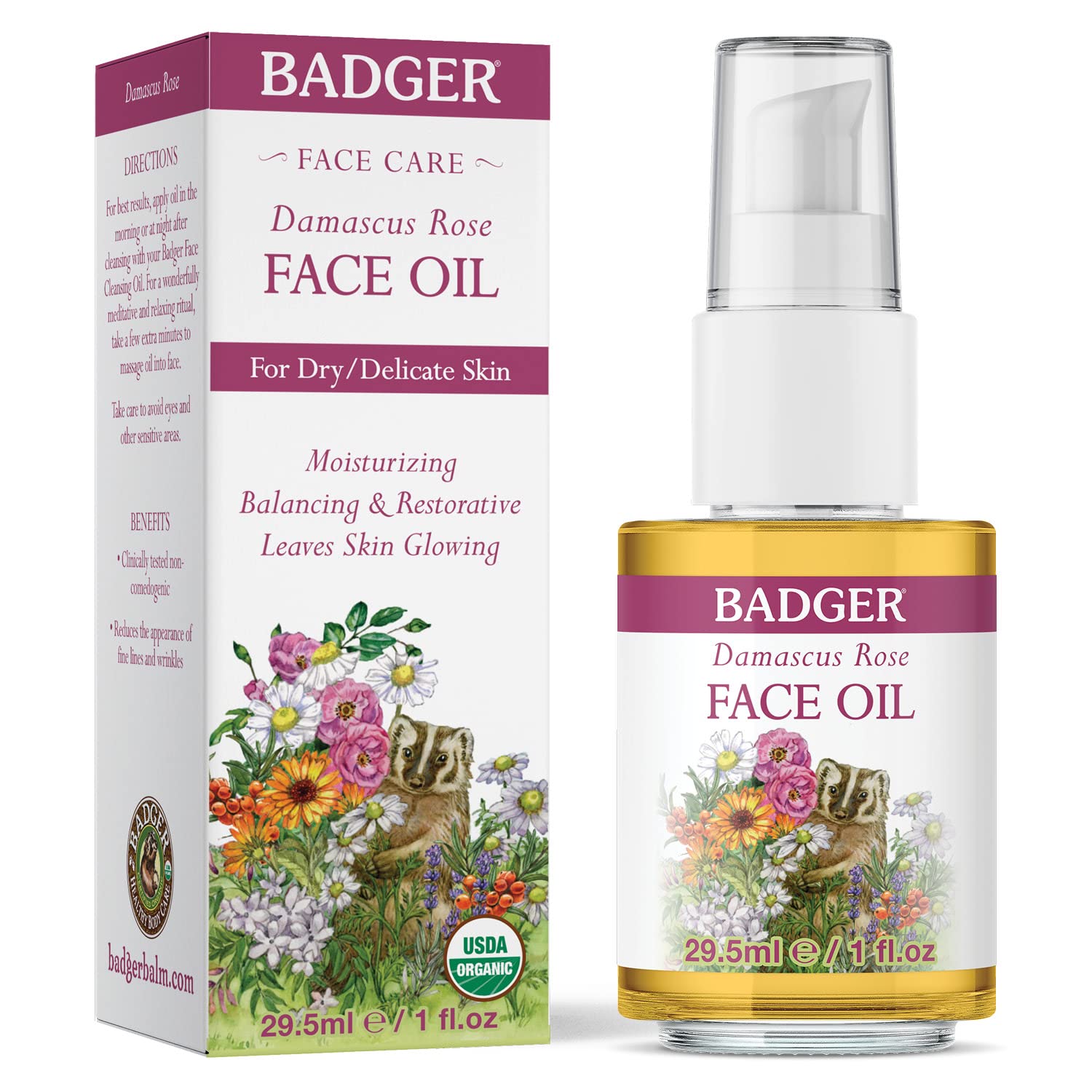 **Badger Rose Face Oil - 100% Organic Moisturizer with Jojoba & Rose Oil, Vegan Antioxidant-Rich Facial Oil for Dry & Sensitive Skin, 1 fl oz Glass Bottle - Perfect for Nighttime Hydration & Daily Skincare Routine**