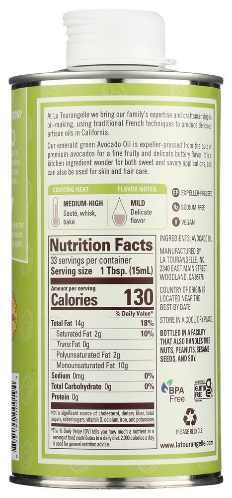La Tourangelle California Avocado Oil - 16.9 Oz (Pack of 6) | High Heat Cooking Oil for Grilling, Frying & Baking | Premium Cold Pressed Avocado Oil for Salads, Dressings & Healthy Recipes