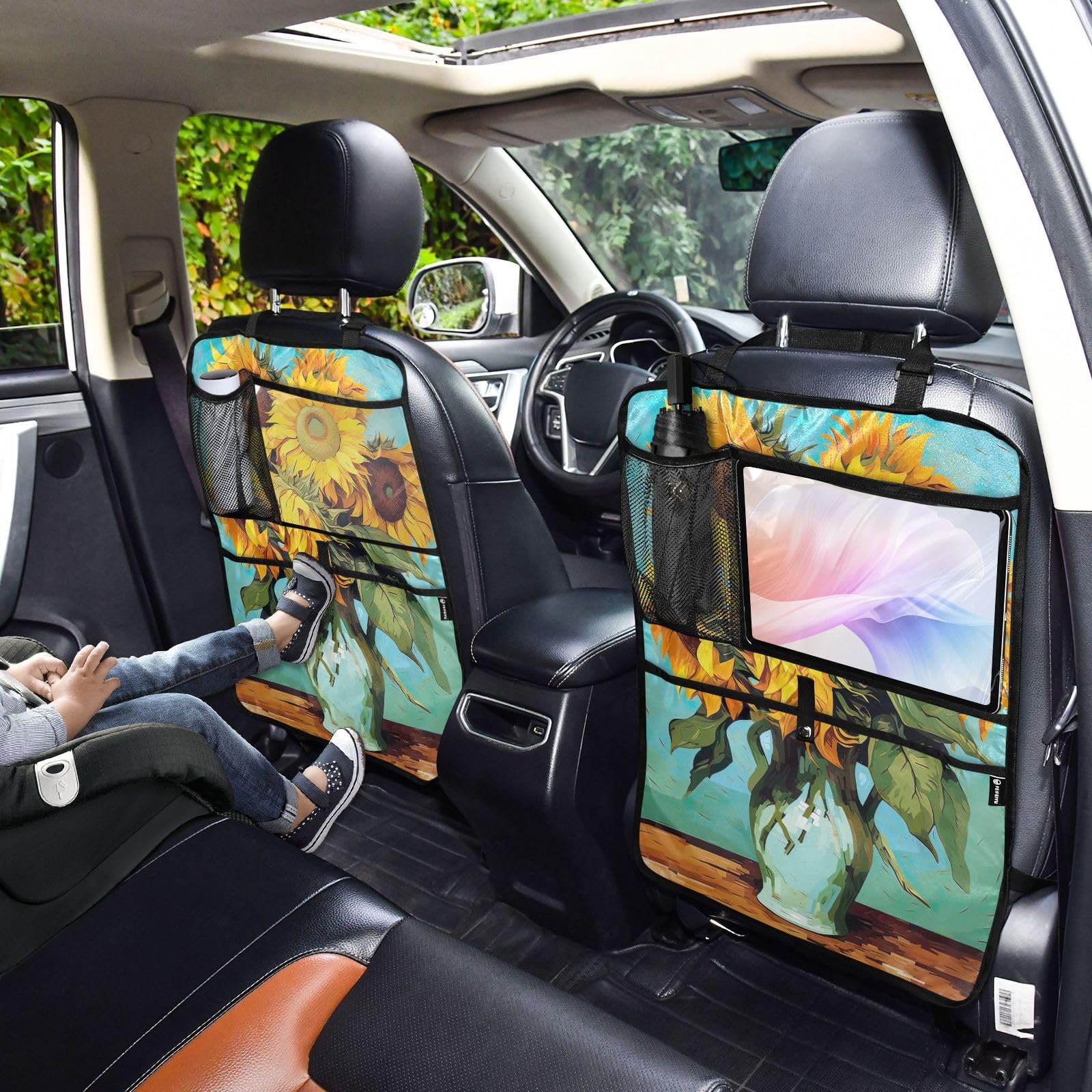 Sunflower Oil Painting Car Seat Protector with Storage Pockets - Waterproof Back Seat Kick Mats & Vehicle Organizer for Cars, SUVs, Trucks - Perfect for Family Road Trips & Pet Protection