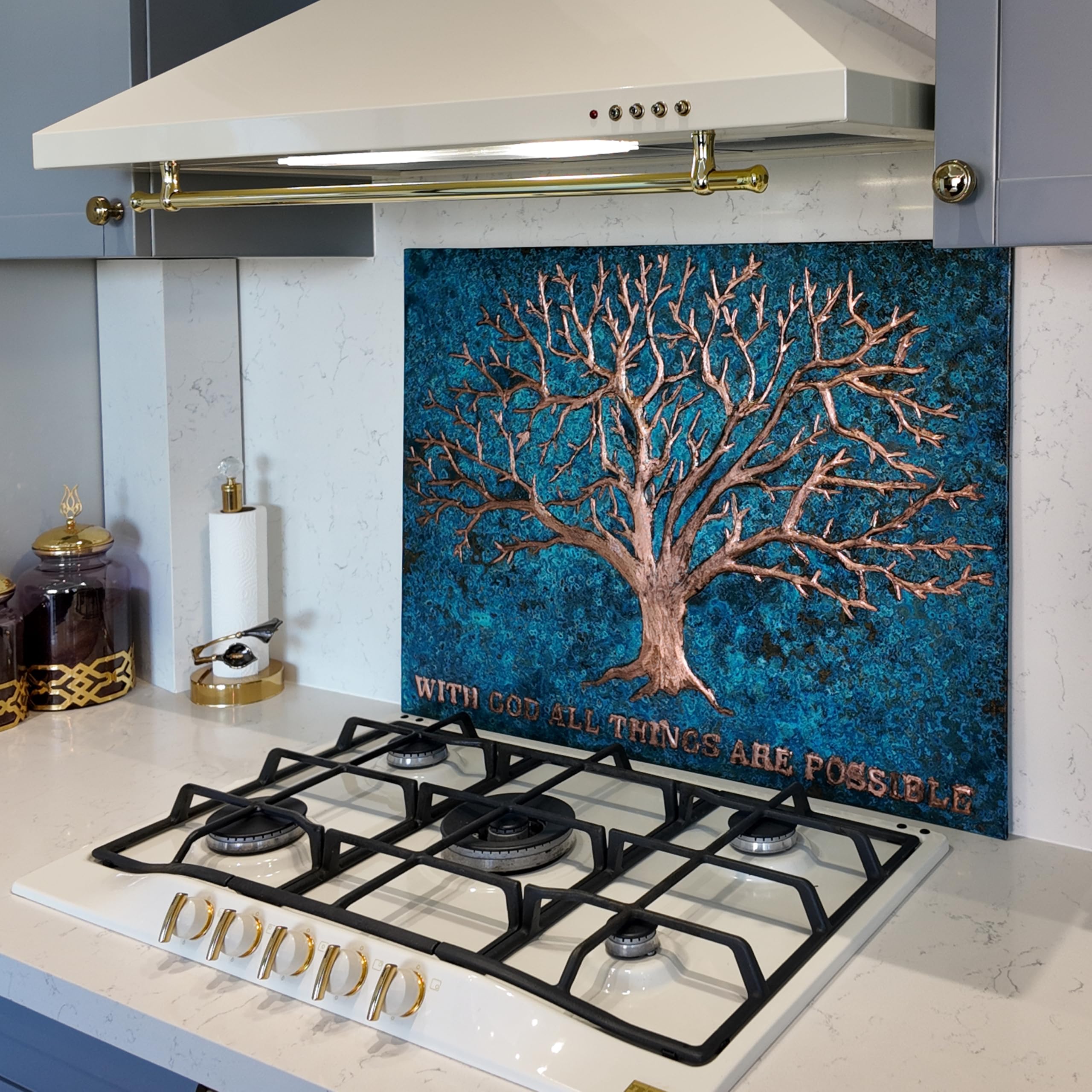 Handmade Copper Kitchen Backsplash Tiles - Tree of Life Design, Customizable Copper Splashback Panel for Indoor & Outdoor Wall Decor (Blue) | Perfect for Modern Kitchens, Bathrooms & Outdoor Living Spaces