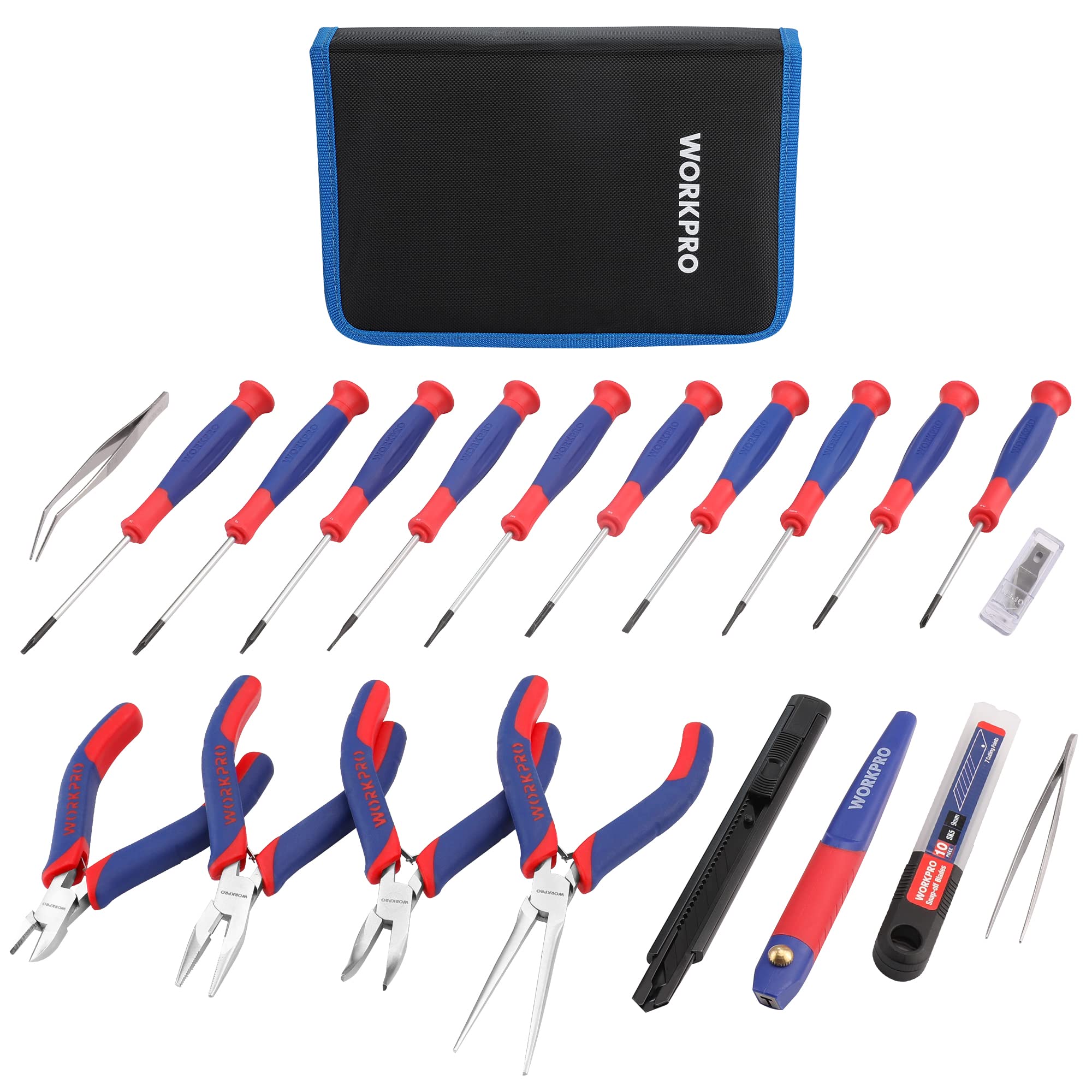 WORKPRO 33-Piece Precision Repair Tool Kit with Pliers, Screwdrivers, Craft Knife & Tweezers - Electronic Repair Tools for Laptops, Phones, Computers & Gaming Accessories - Perfect for DIY Repairs, Home Maintenance & Tech Enthusiasts